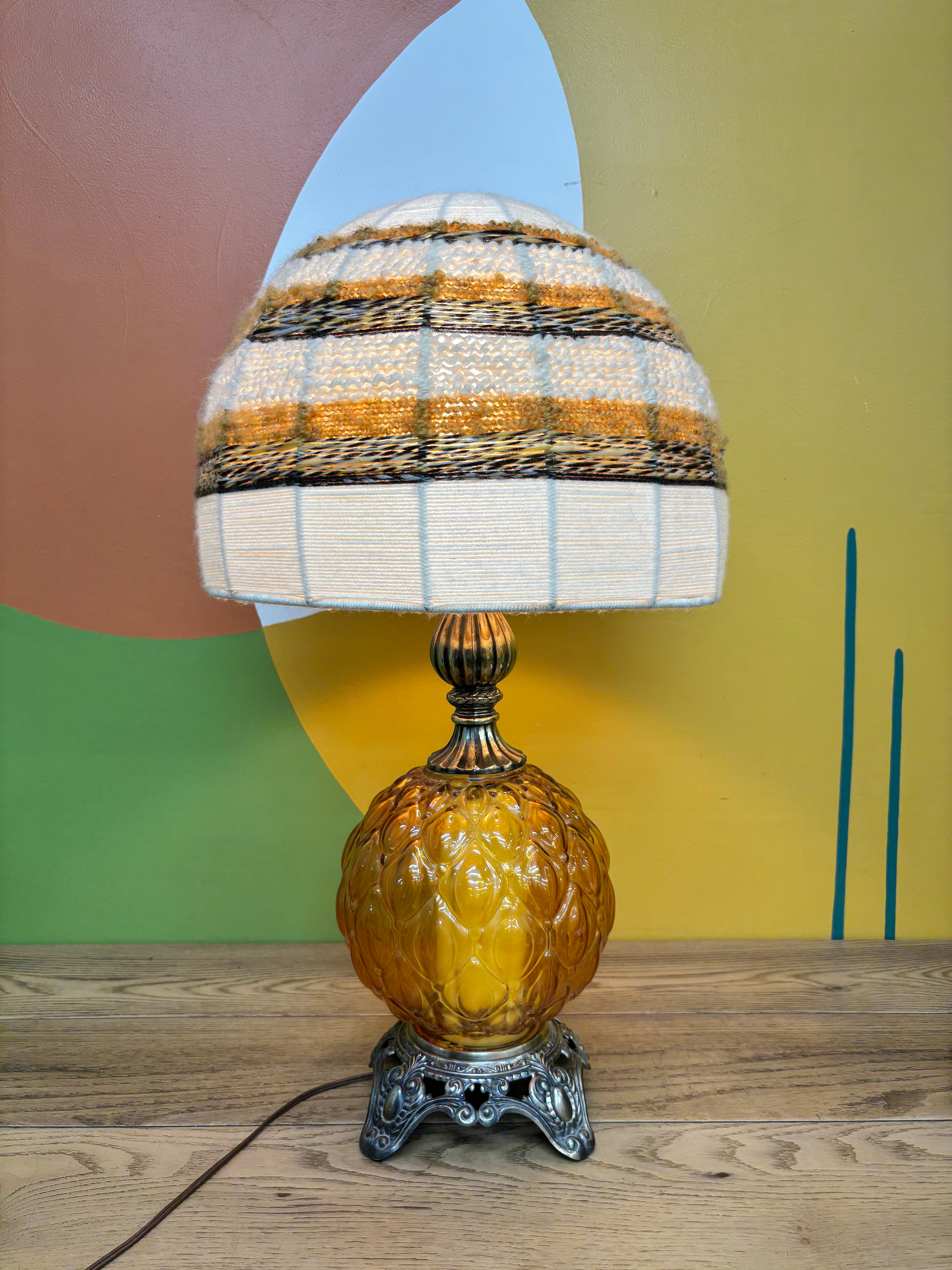 Amber Glass Table Lamp with Woven Shade