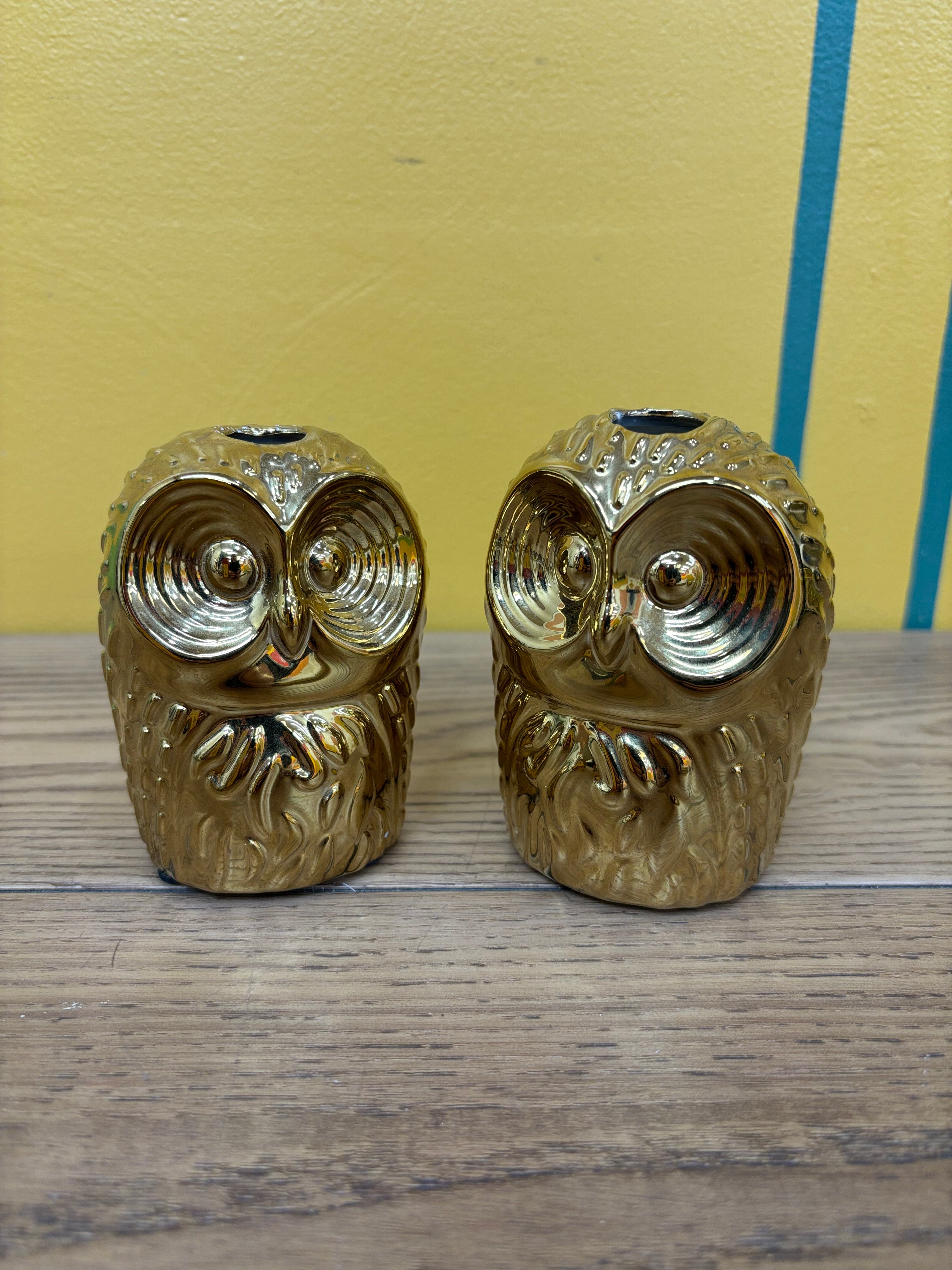(2) Gold Ceramic Owl Candle Holders