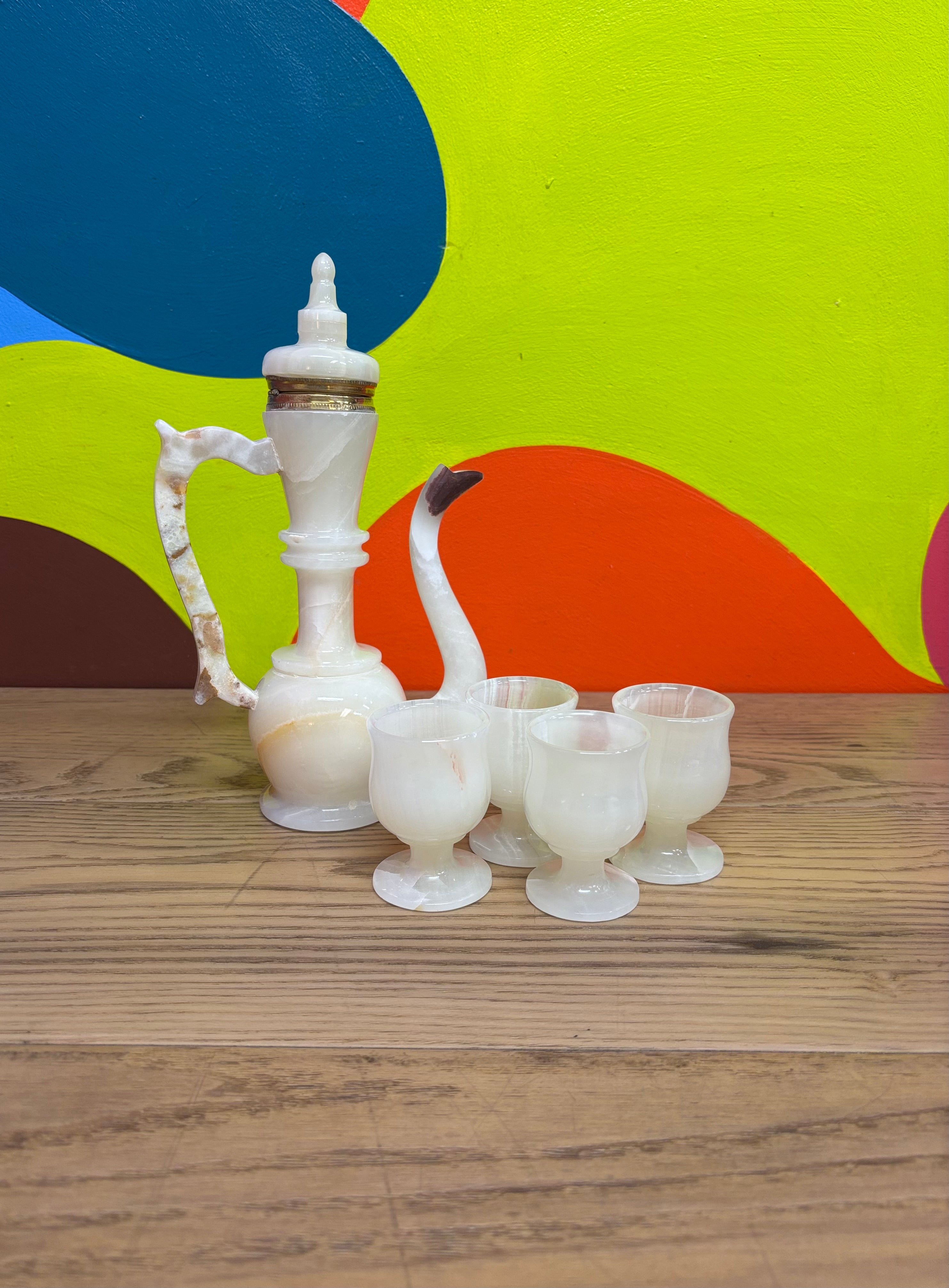 Carved Onyx Pitcher and Goblets Set