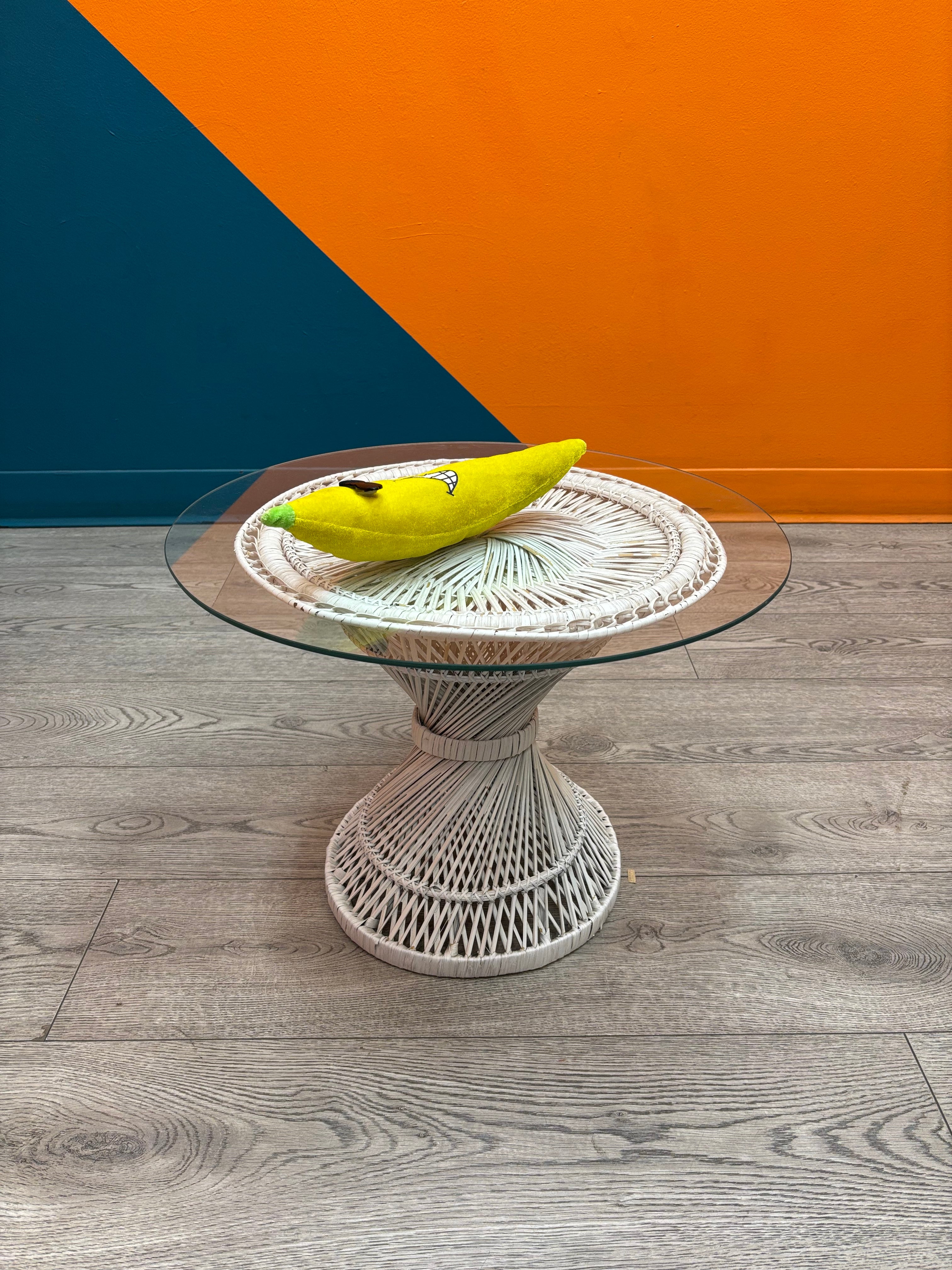 White Wicker Glass Side Table