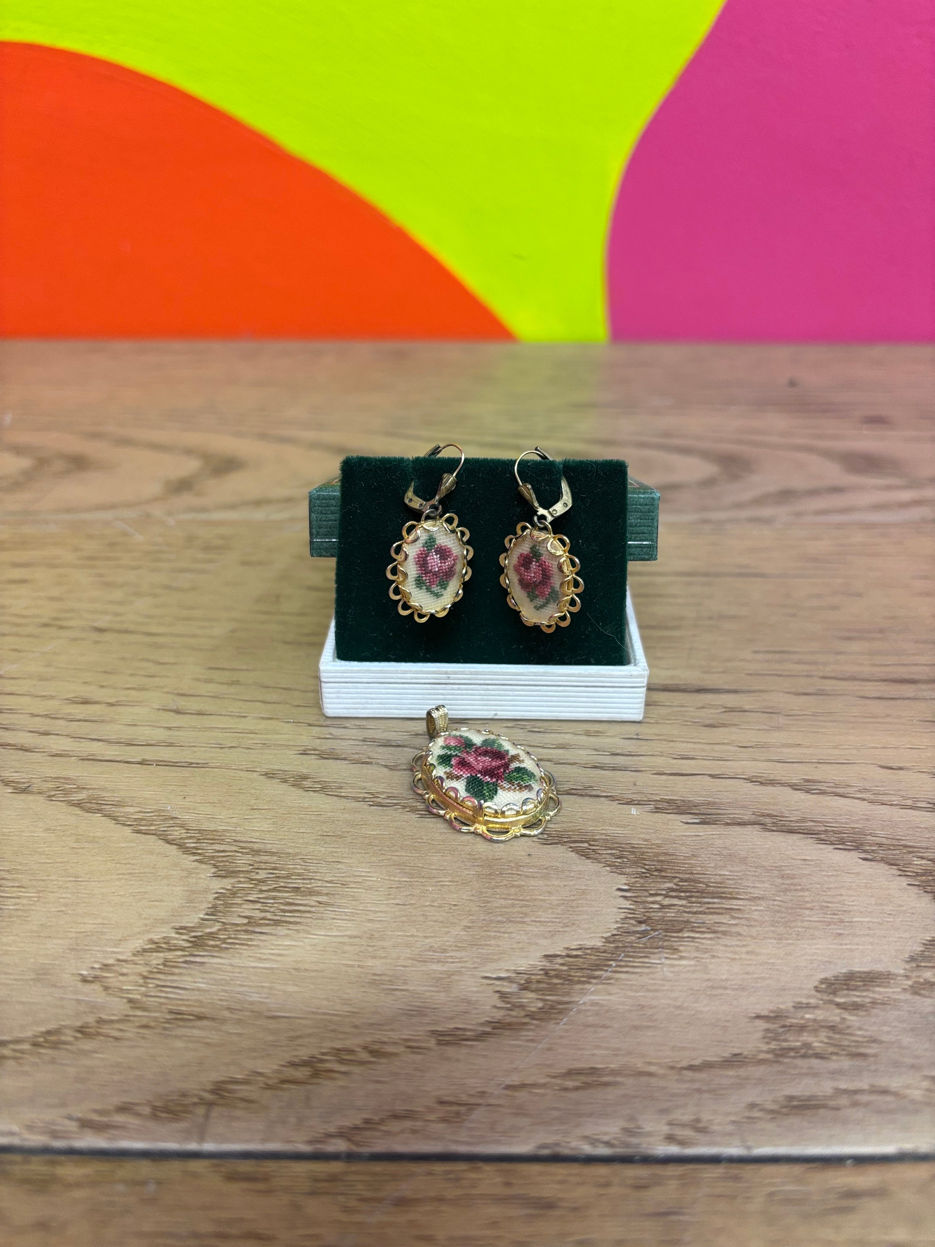 Needlepoint Earrings & Matching Pendant