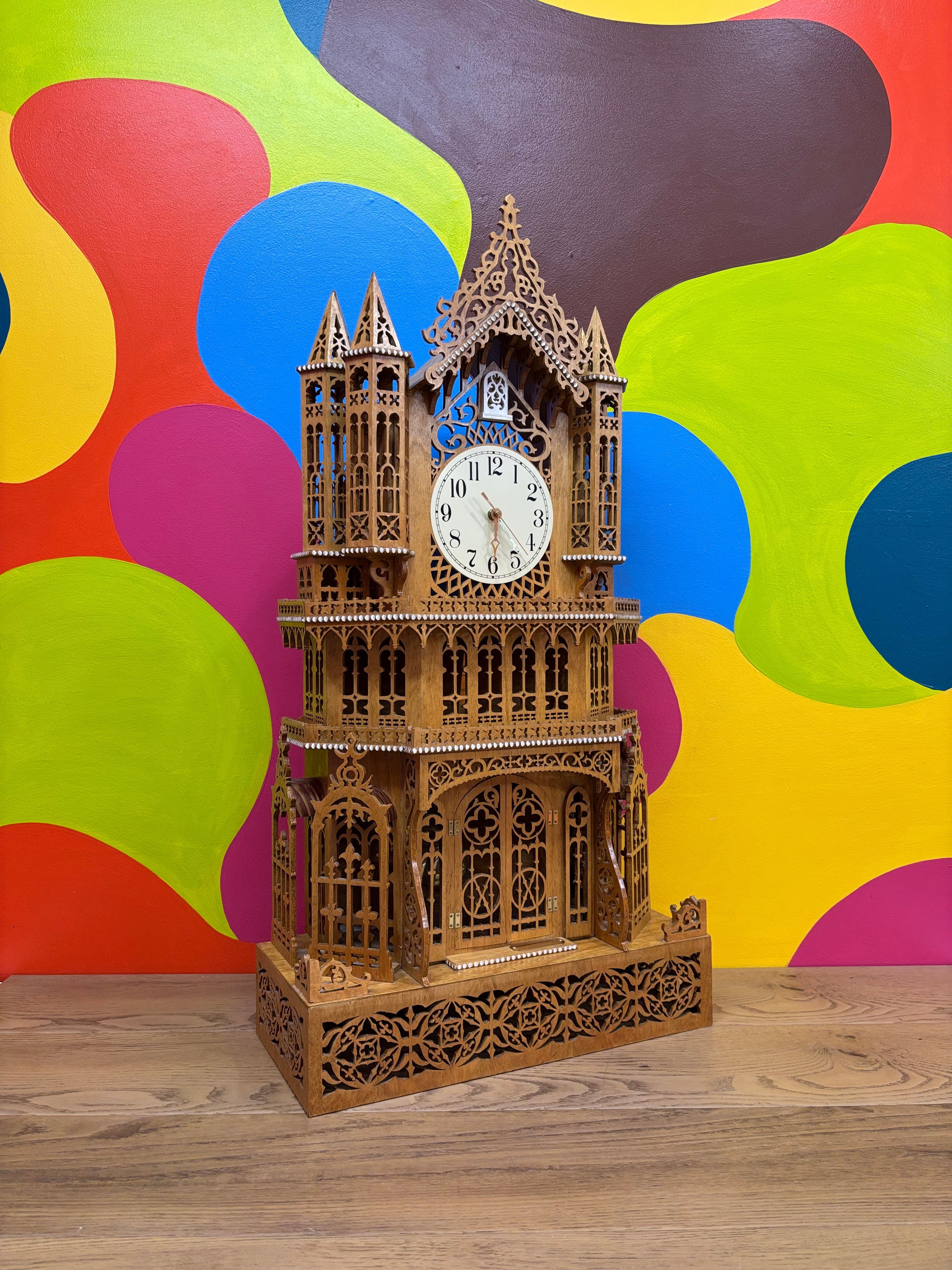 Roman Cathedral Style Wood Clock with Shelf