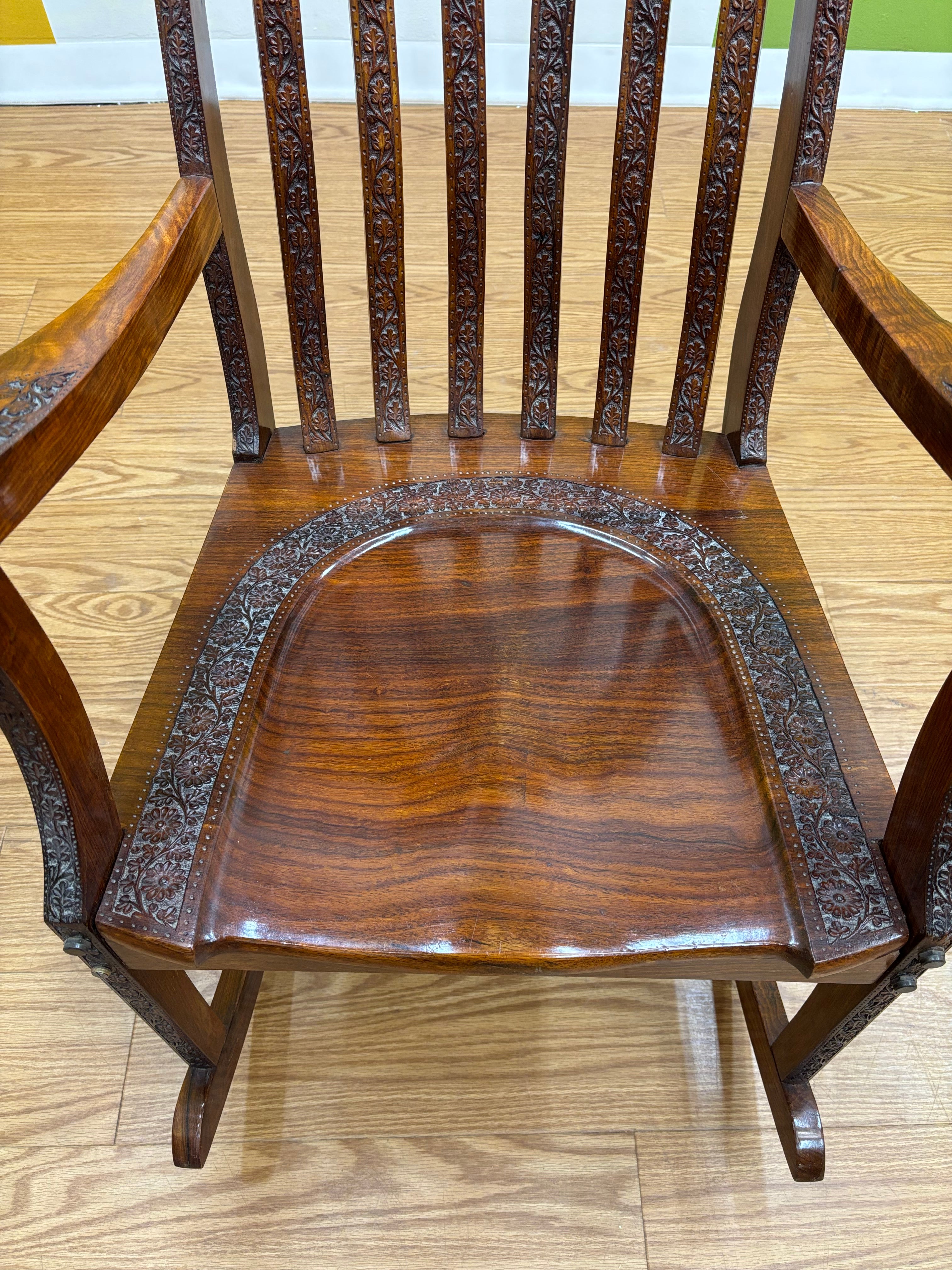 Wood Carved Brass Inlay Rocking Chair