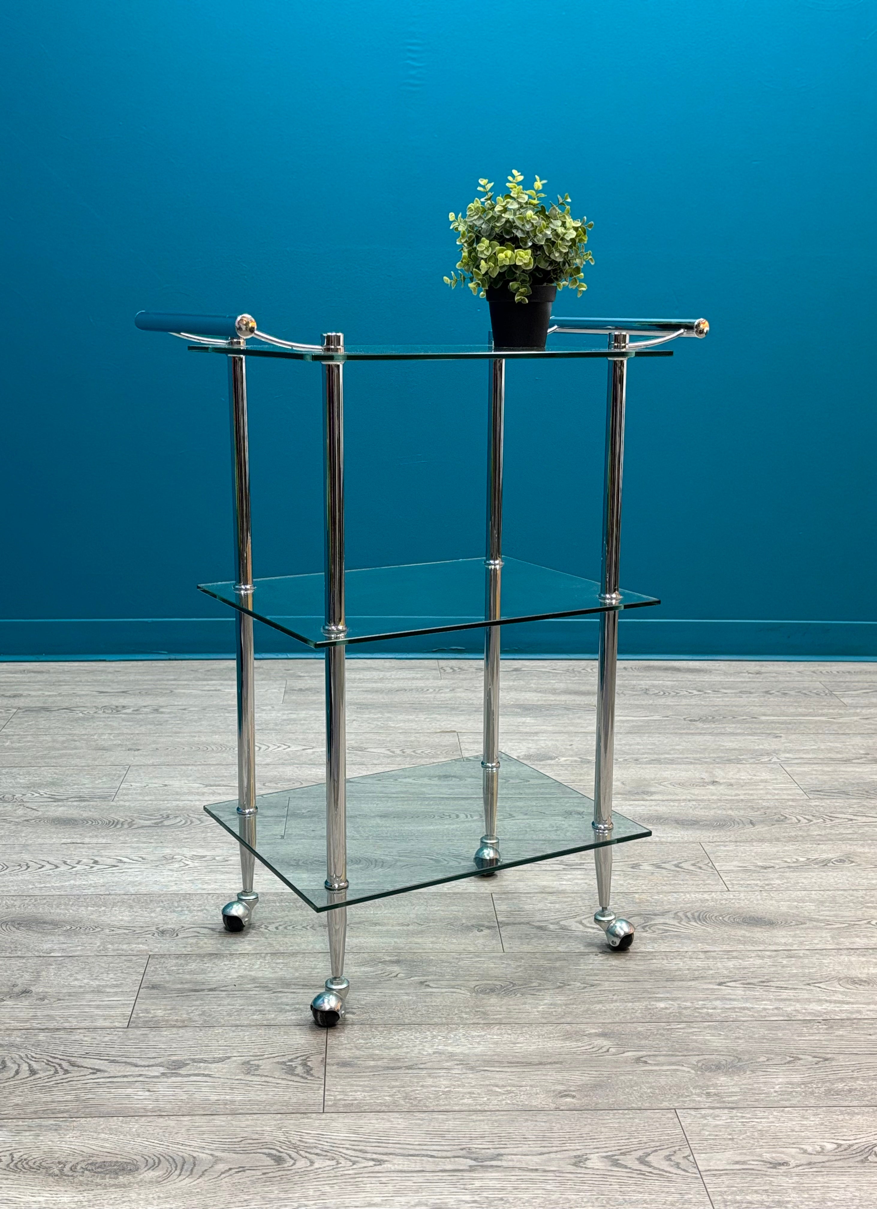 3 Tier Chrome & Glass Bar Cart on Wheels
