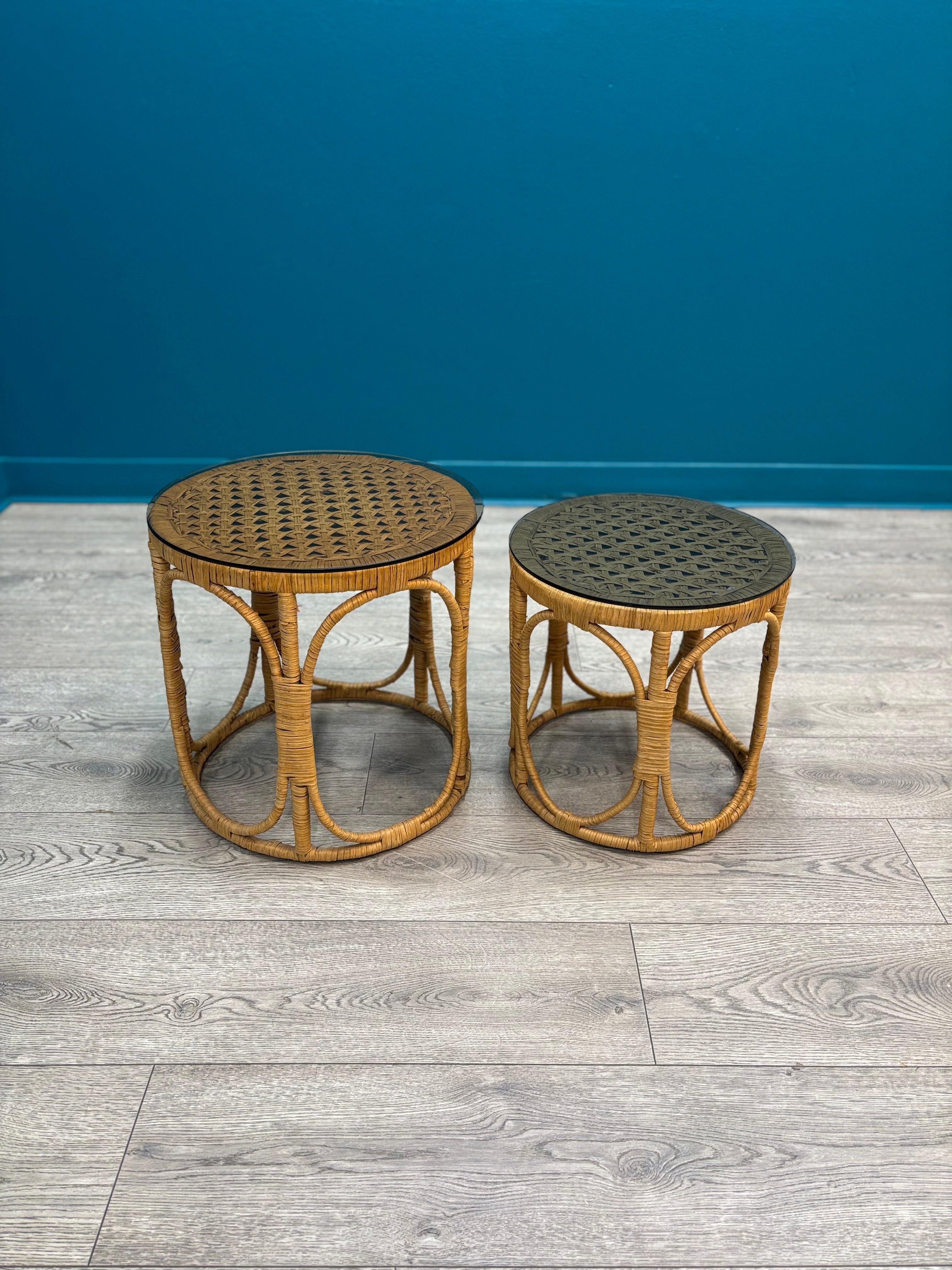 (2) Round Rattan Side Tables with Glass Tops