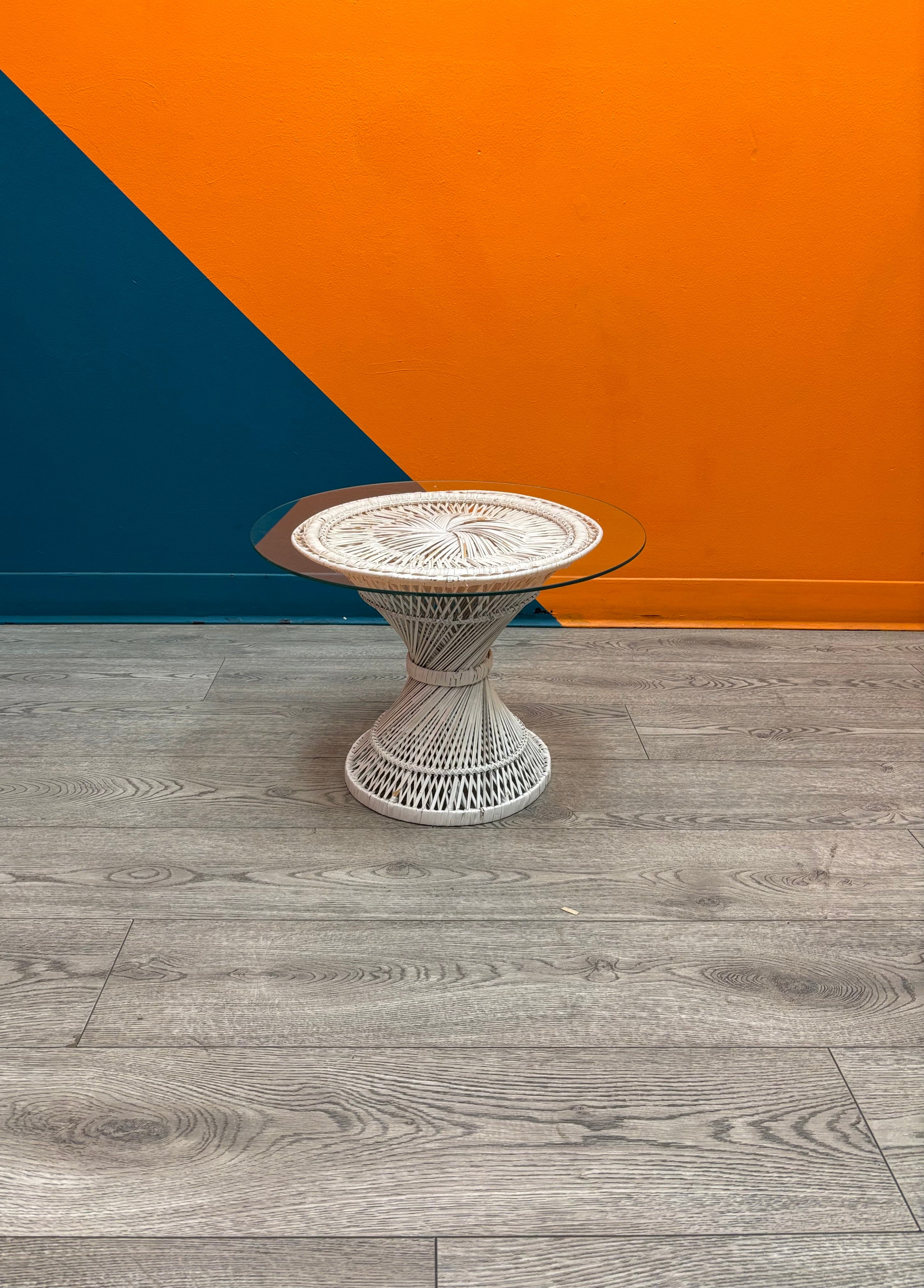 White Wicker Glass Side Table