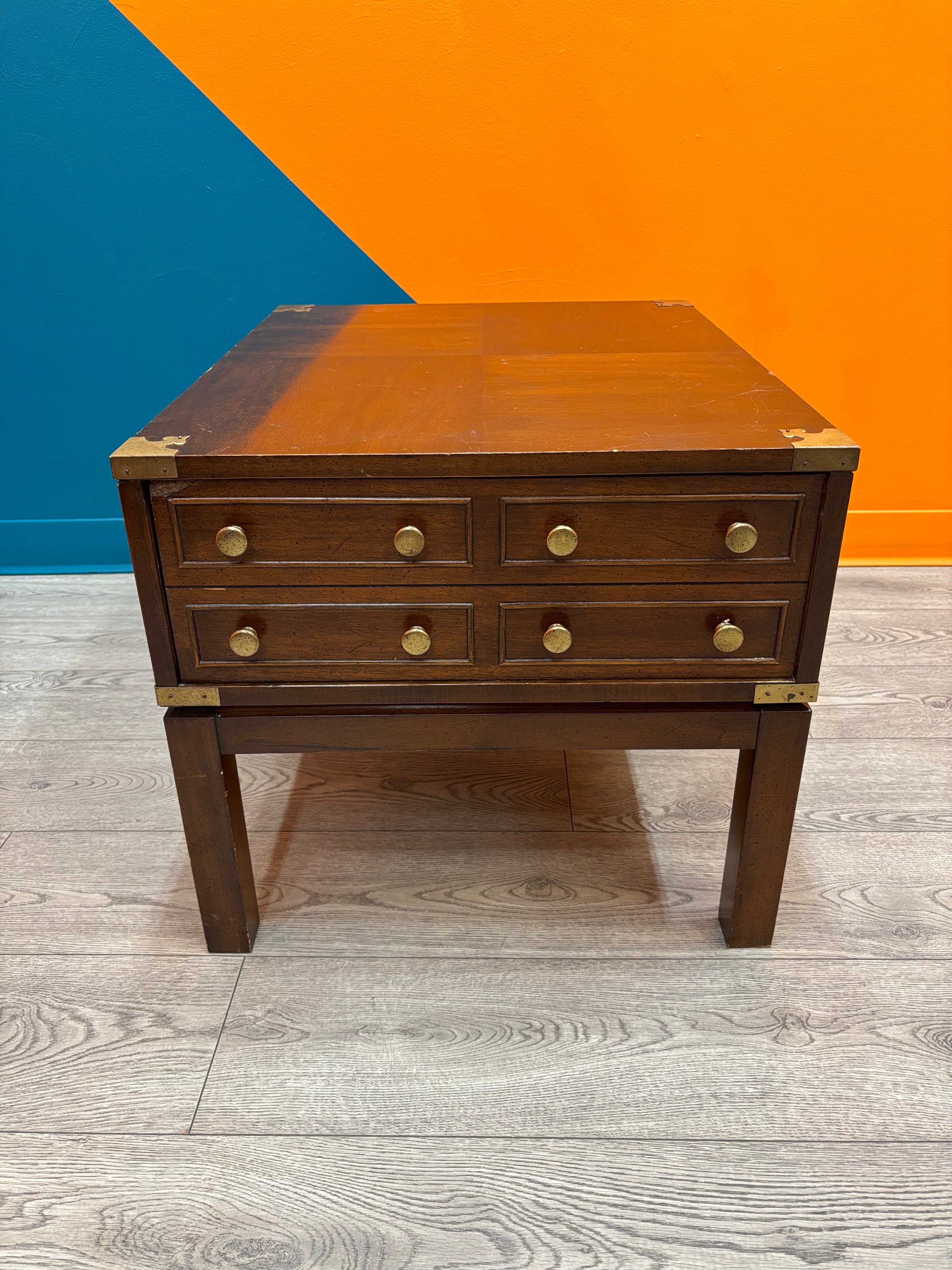 Wood Side Table with Gold Metal Details