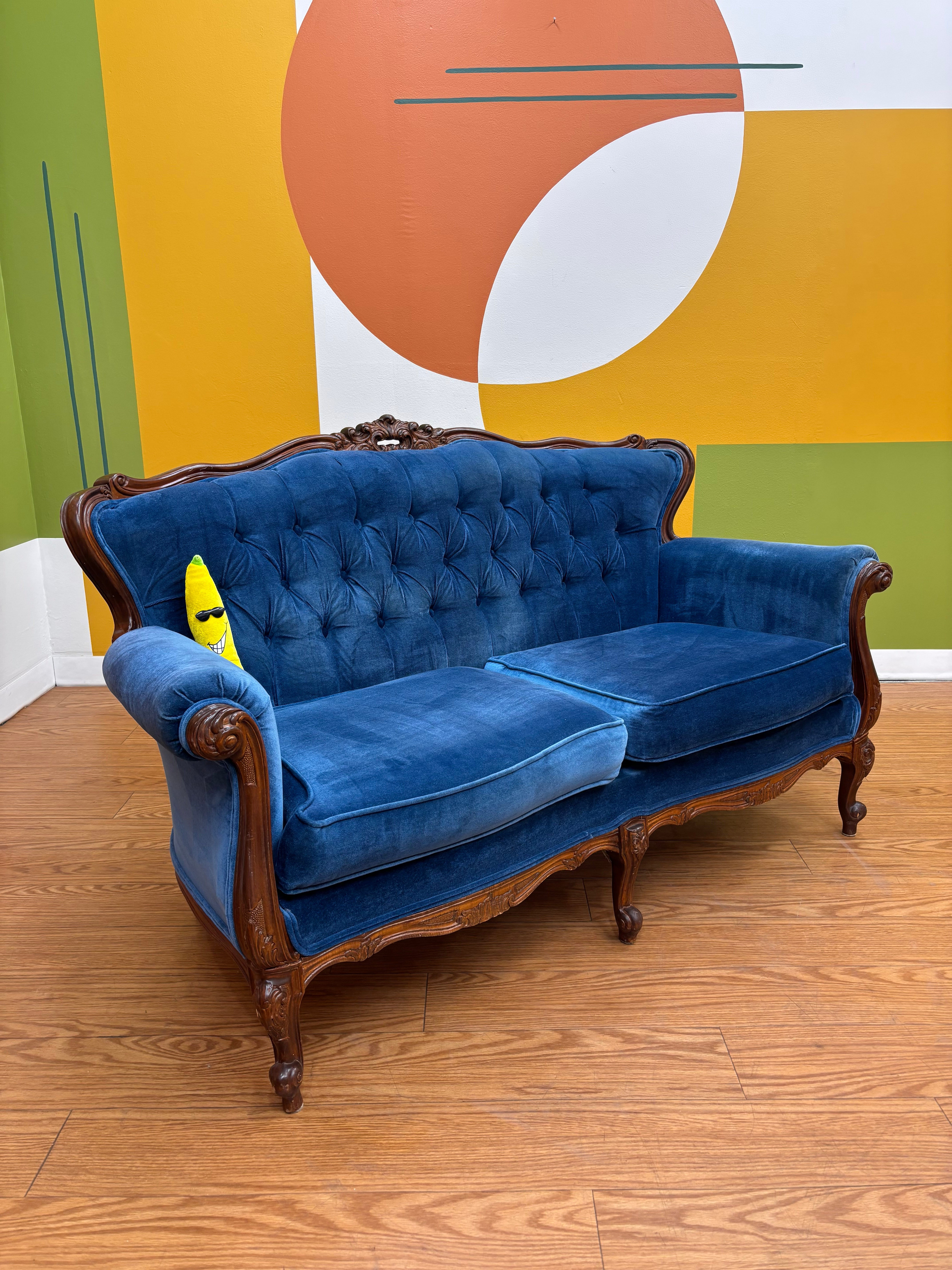Blue Velvet Carved Wood Loveseat