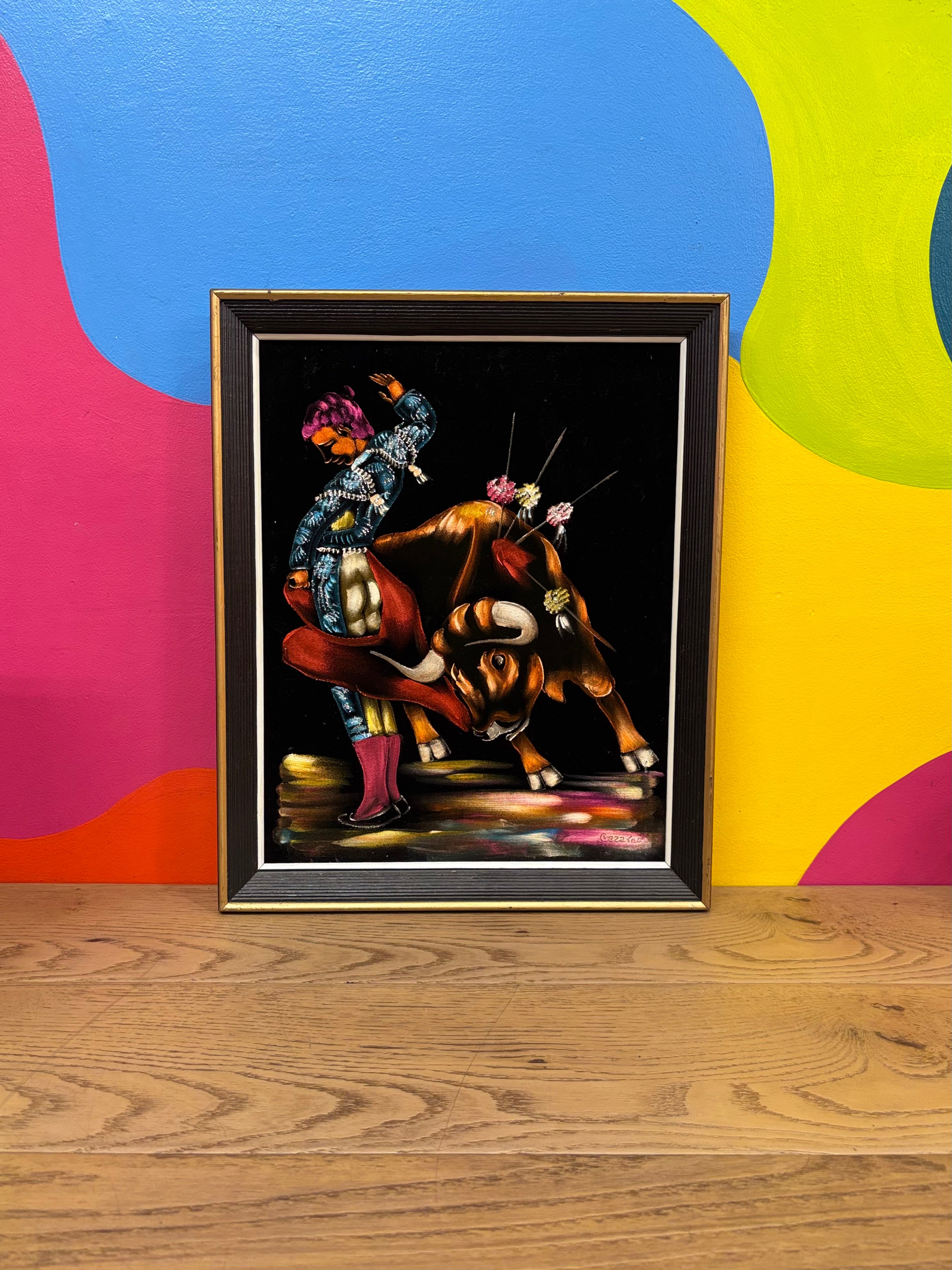Black Velvet Painting with Sparkles (Bull & Matador)