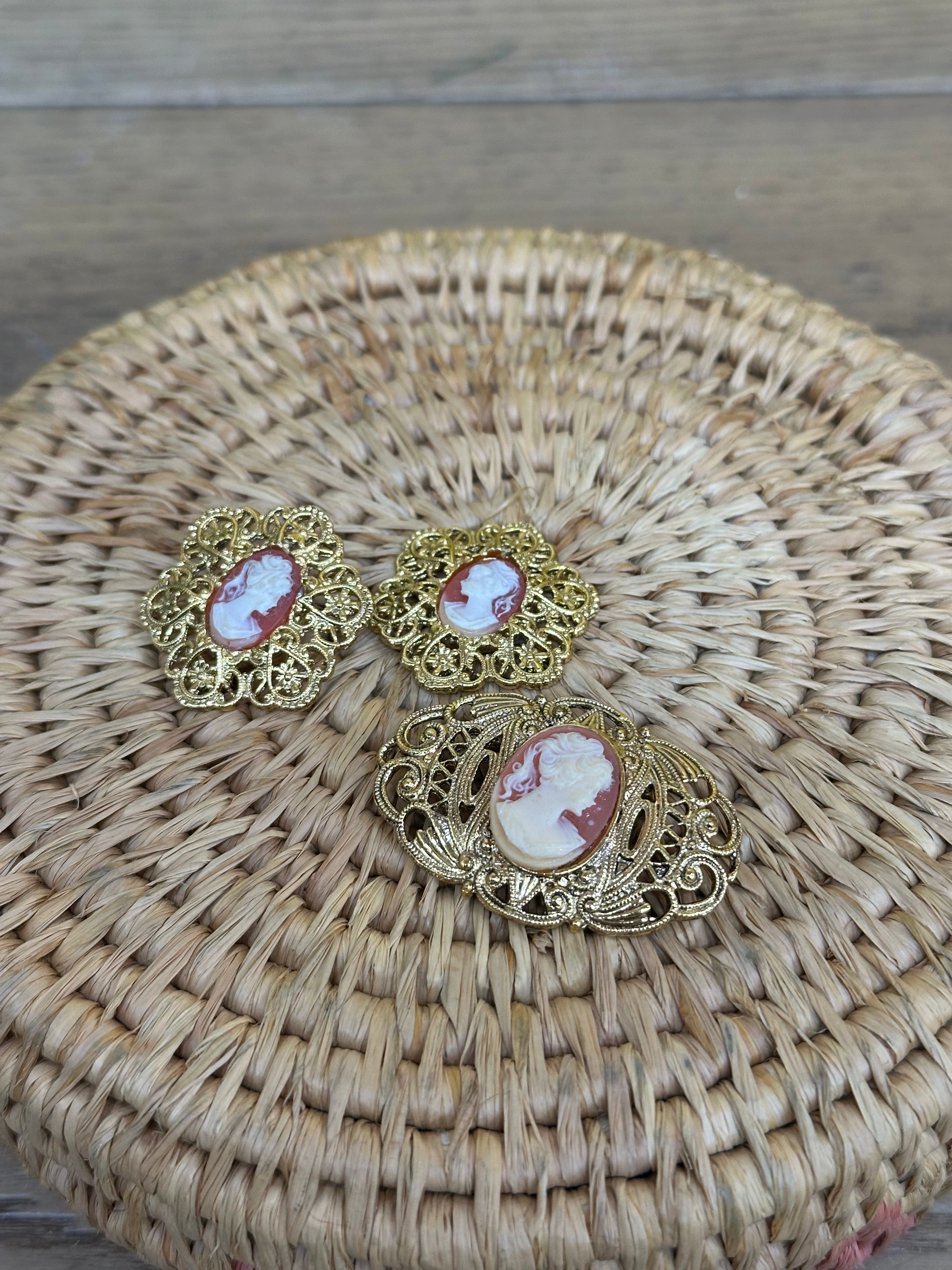 Gold Tone Cameo Earrings and Brooch Set