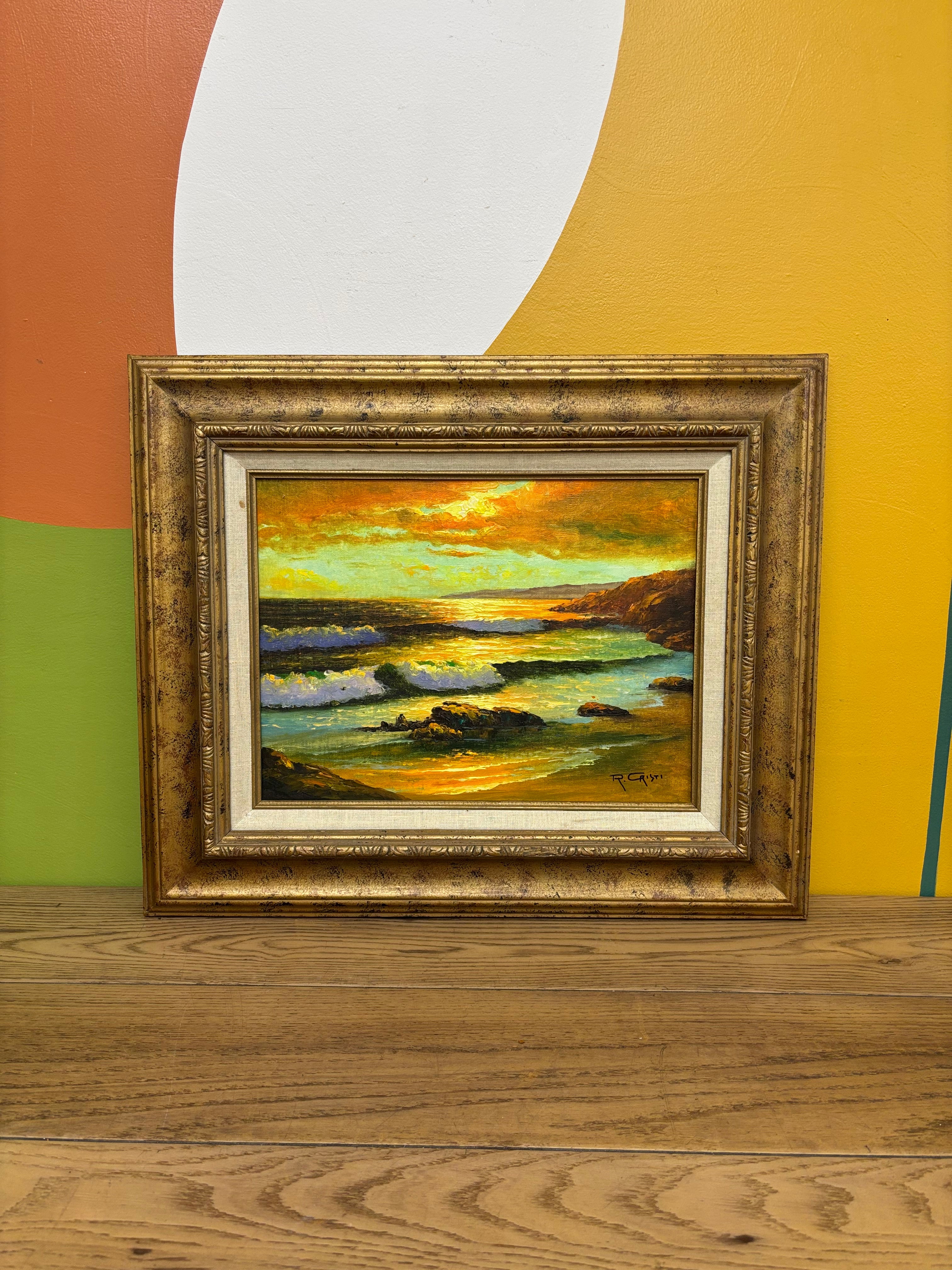 Framed Oil Painting “Sunset Beach” by R. Cristi.