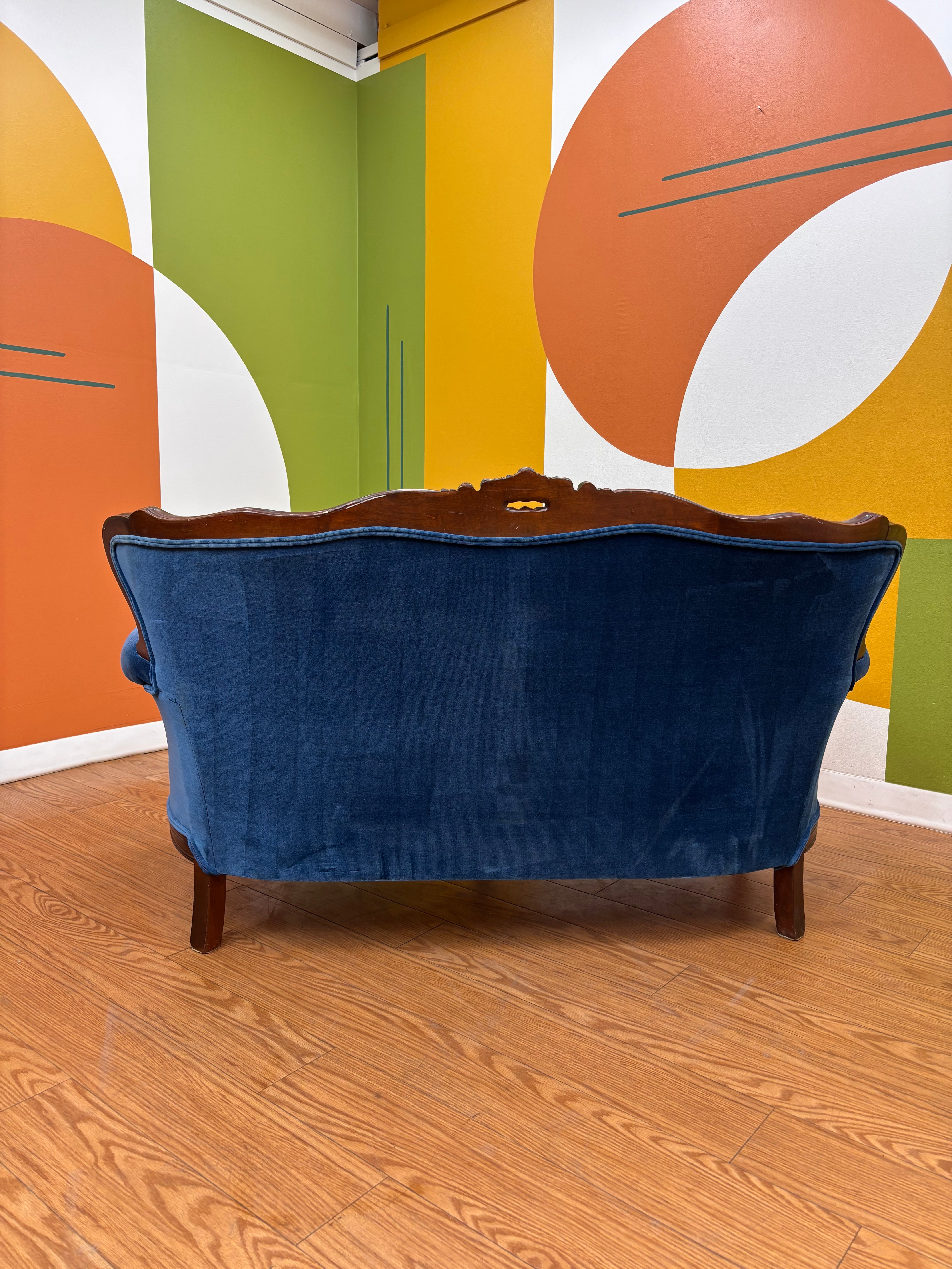 Blue Velvet Carved Wood Loveseat