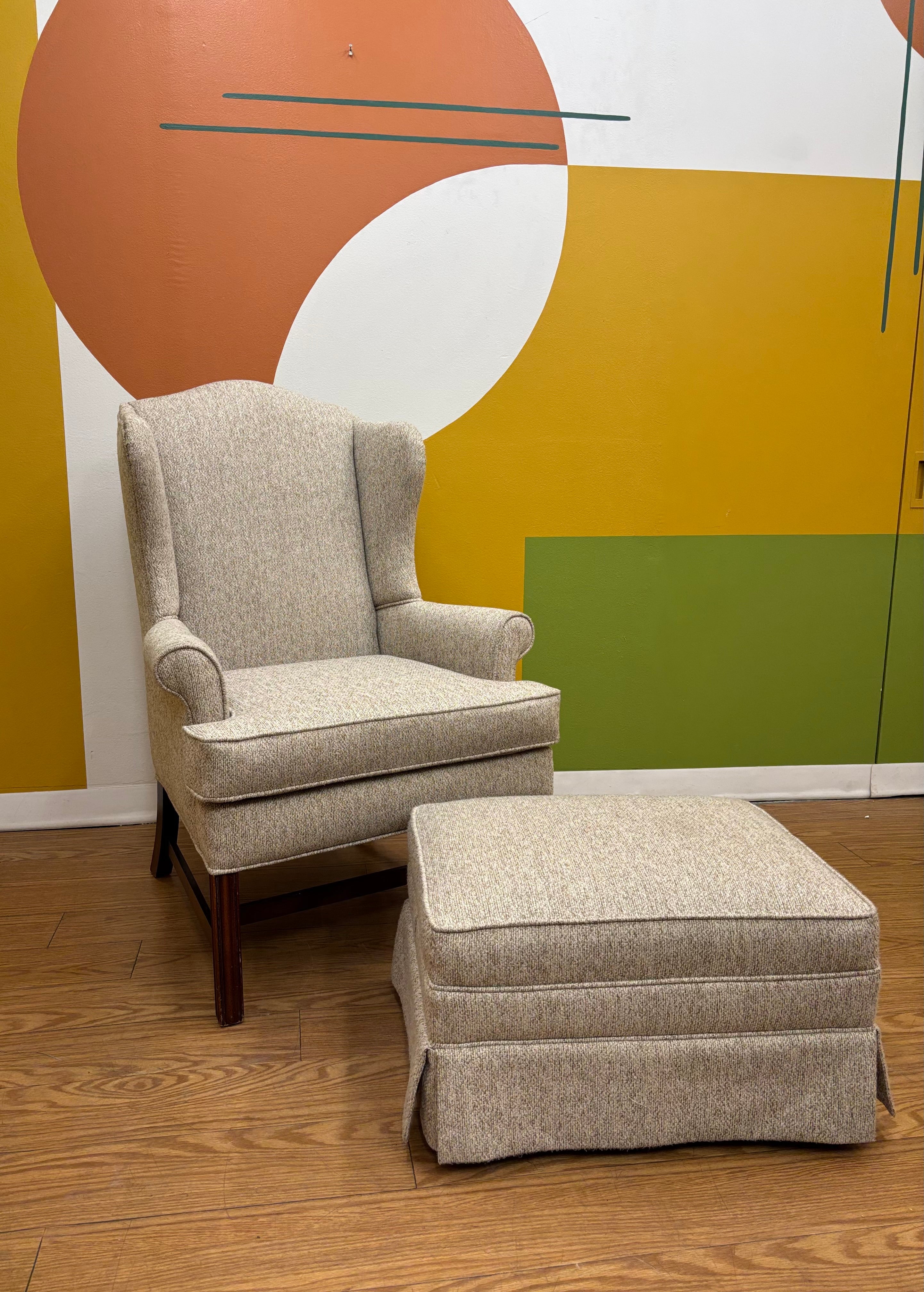 Beige Wingback Armchair with Matching Ottoman