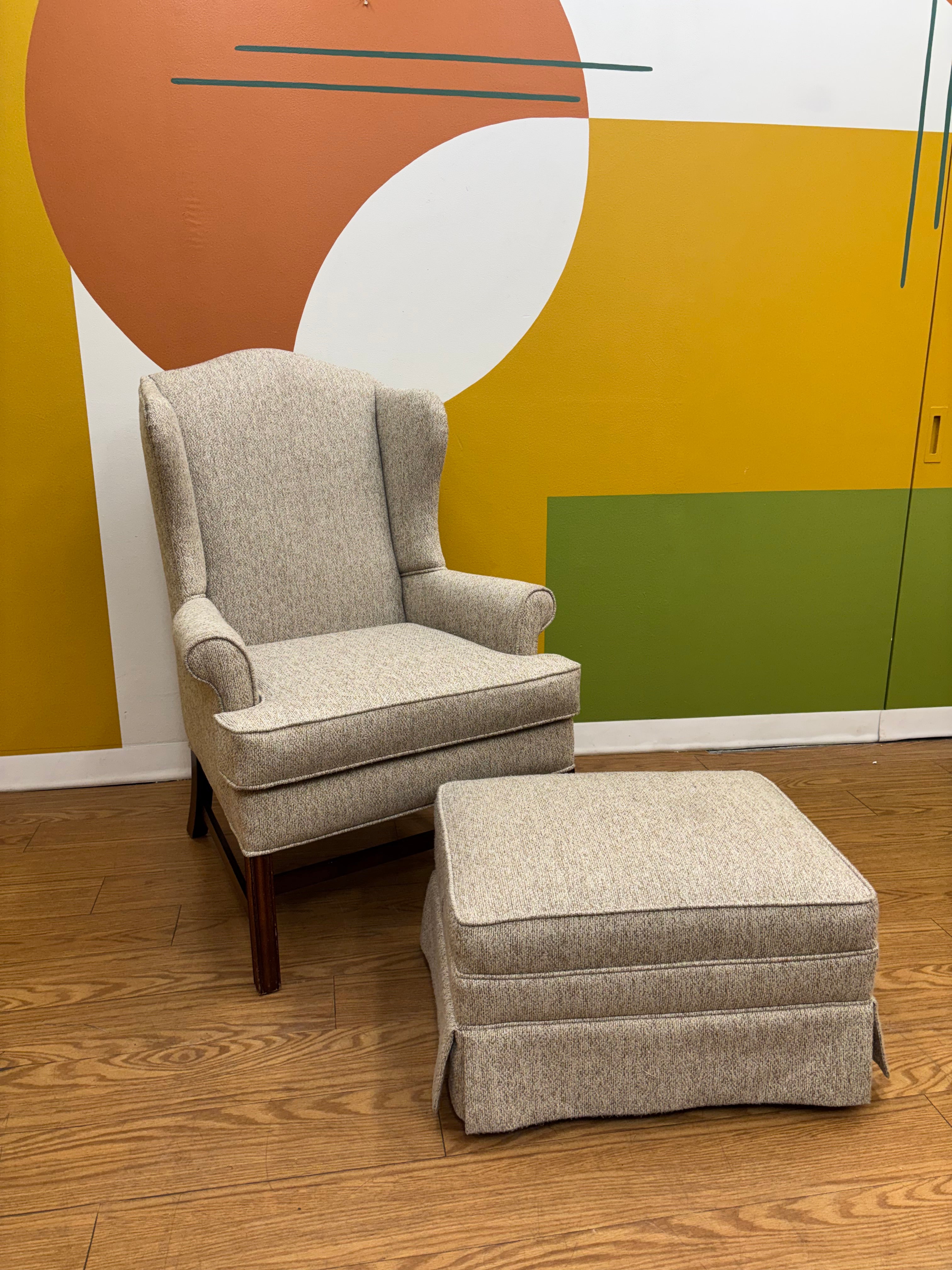 Beige Wingback Armchair with Matching Ottoman
