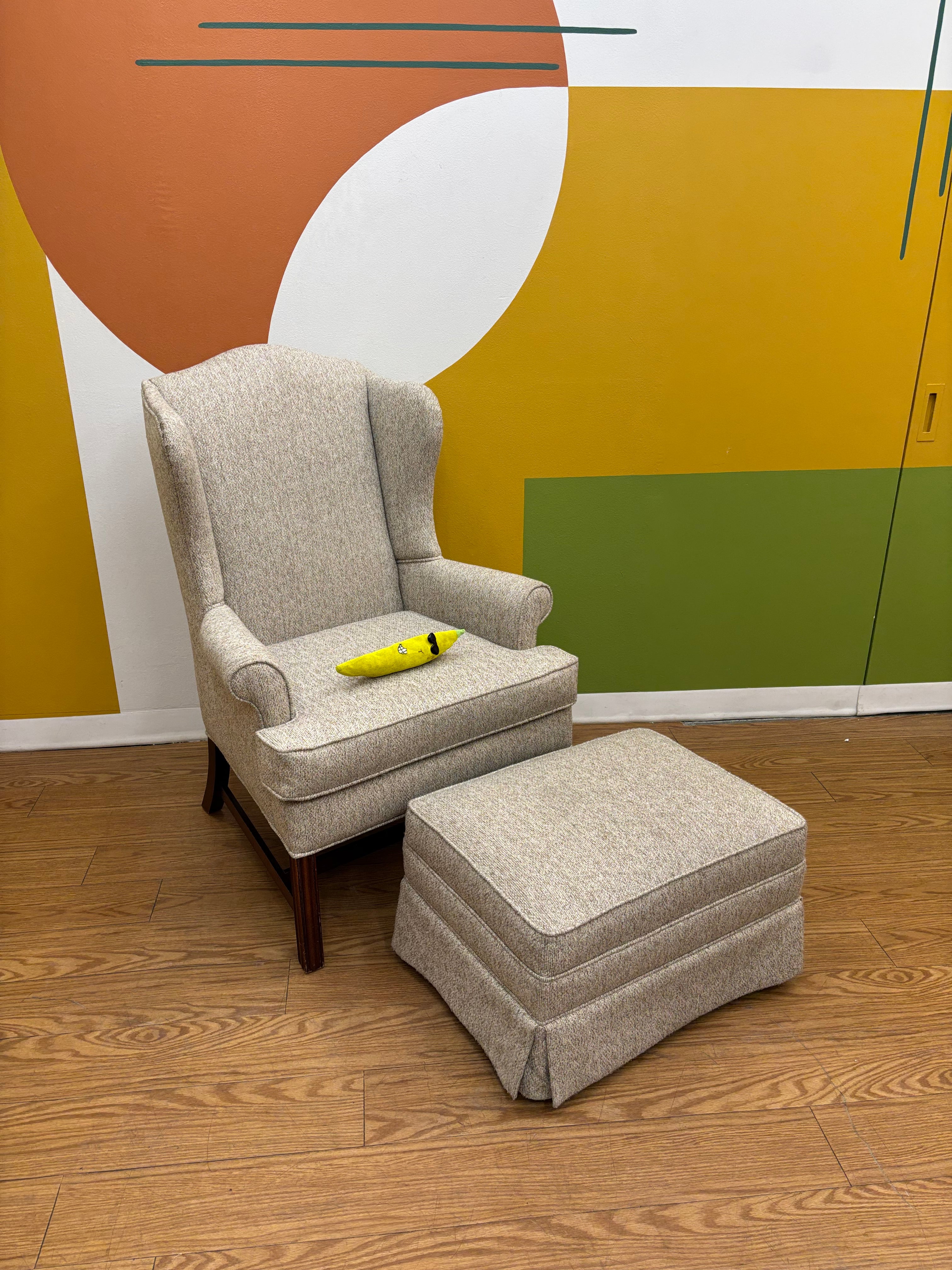 Beige Wingback Armchair with Matching Ottoman