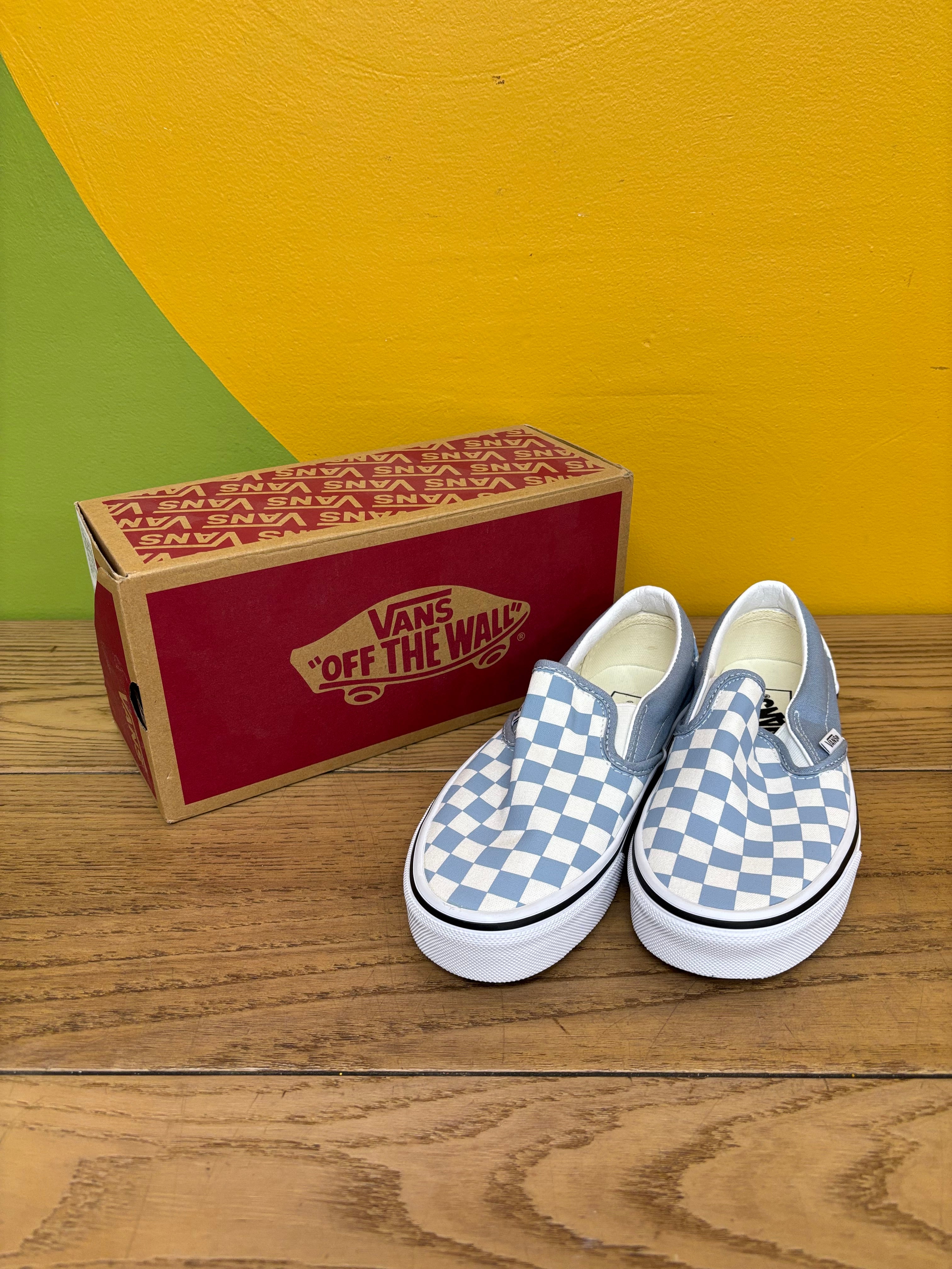 Blue Checkered Slip On Vans - Size Women's 5.5/ Men's 4
