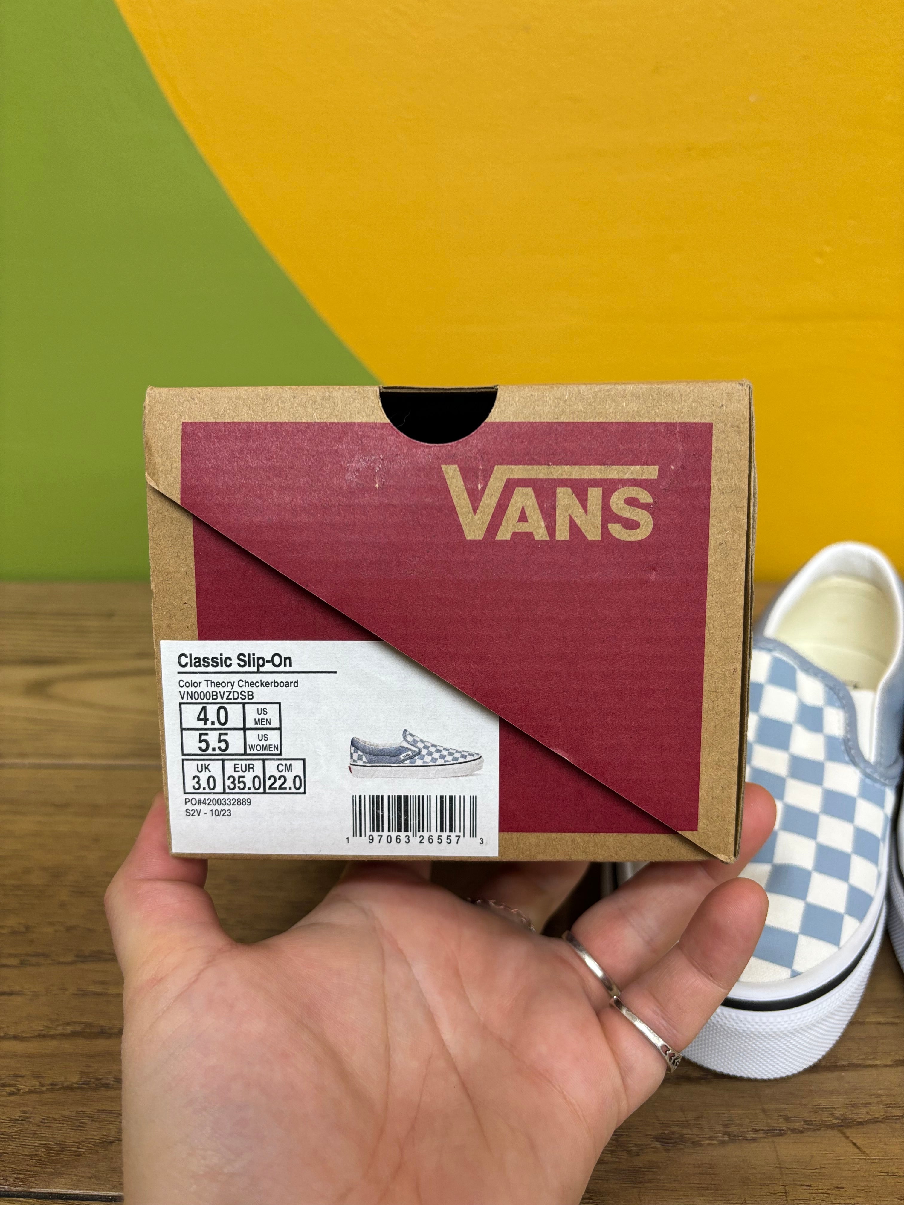 Blue Checkered Slip On Vans - Size Women's 5.5/ Men's 4