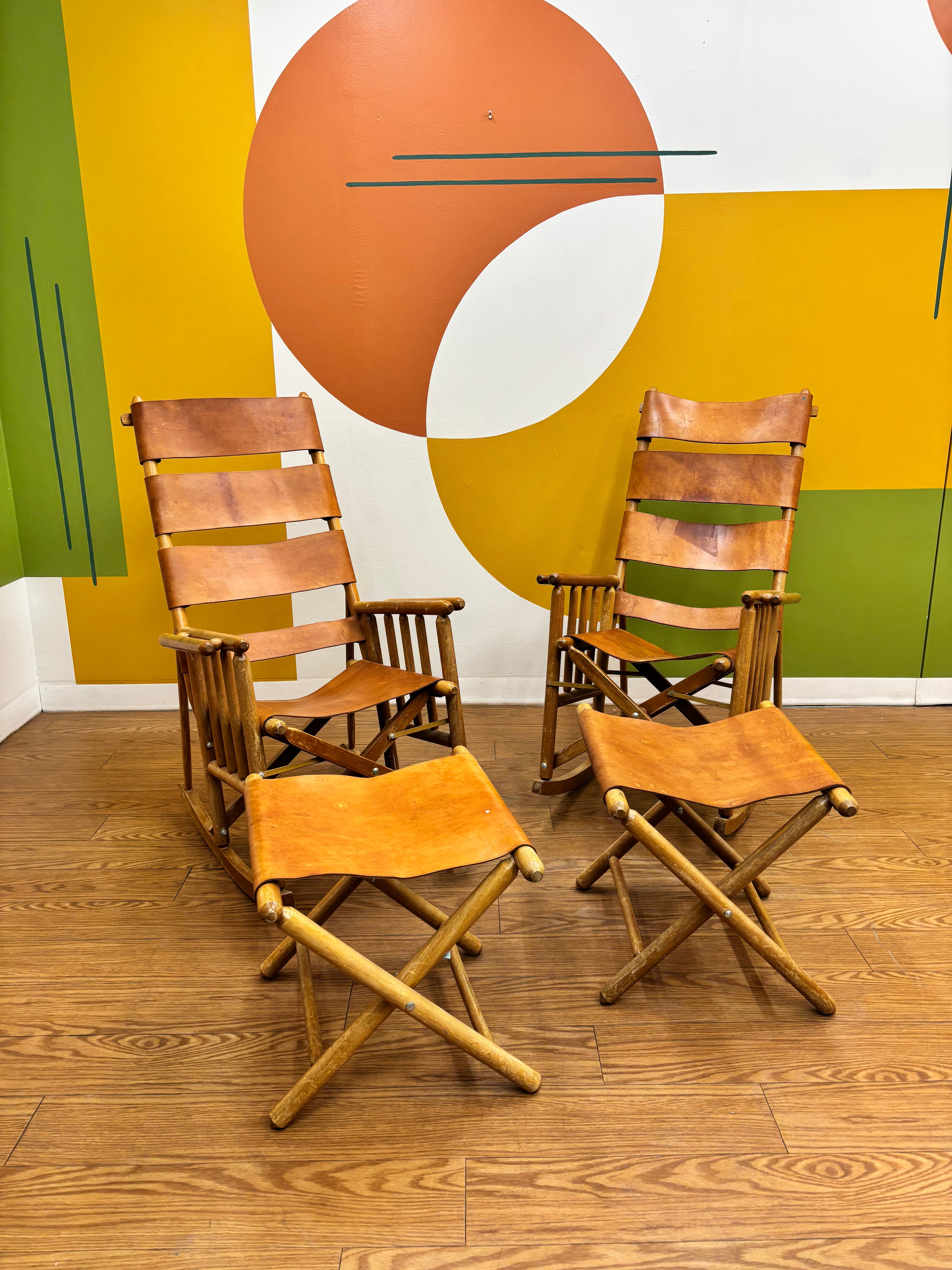 Set of 2 Folding Leather Rocking Chairs with Stools