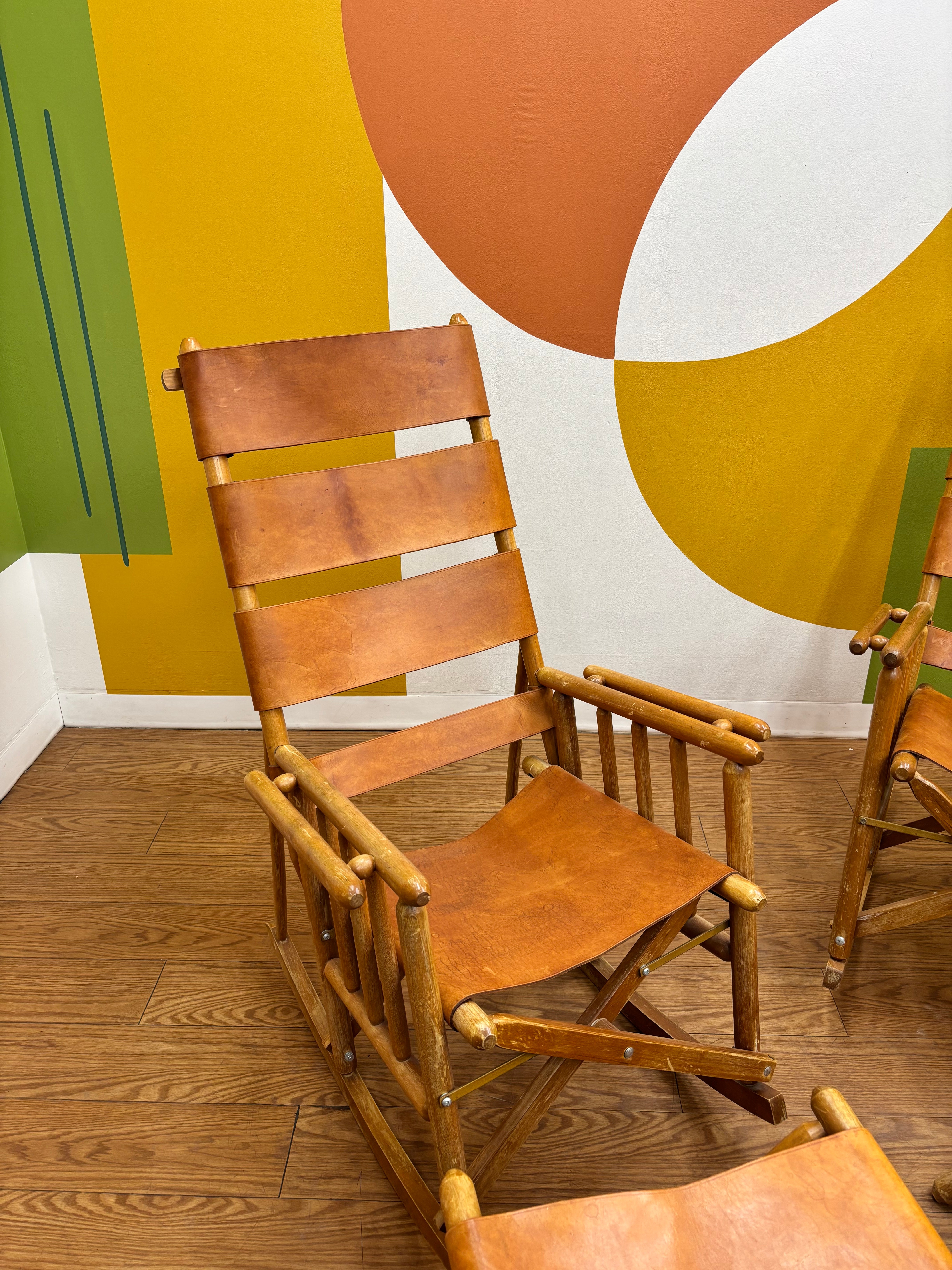 Set of 2 Folding Leather Rocking Chairs with Stools