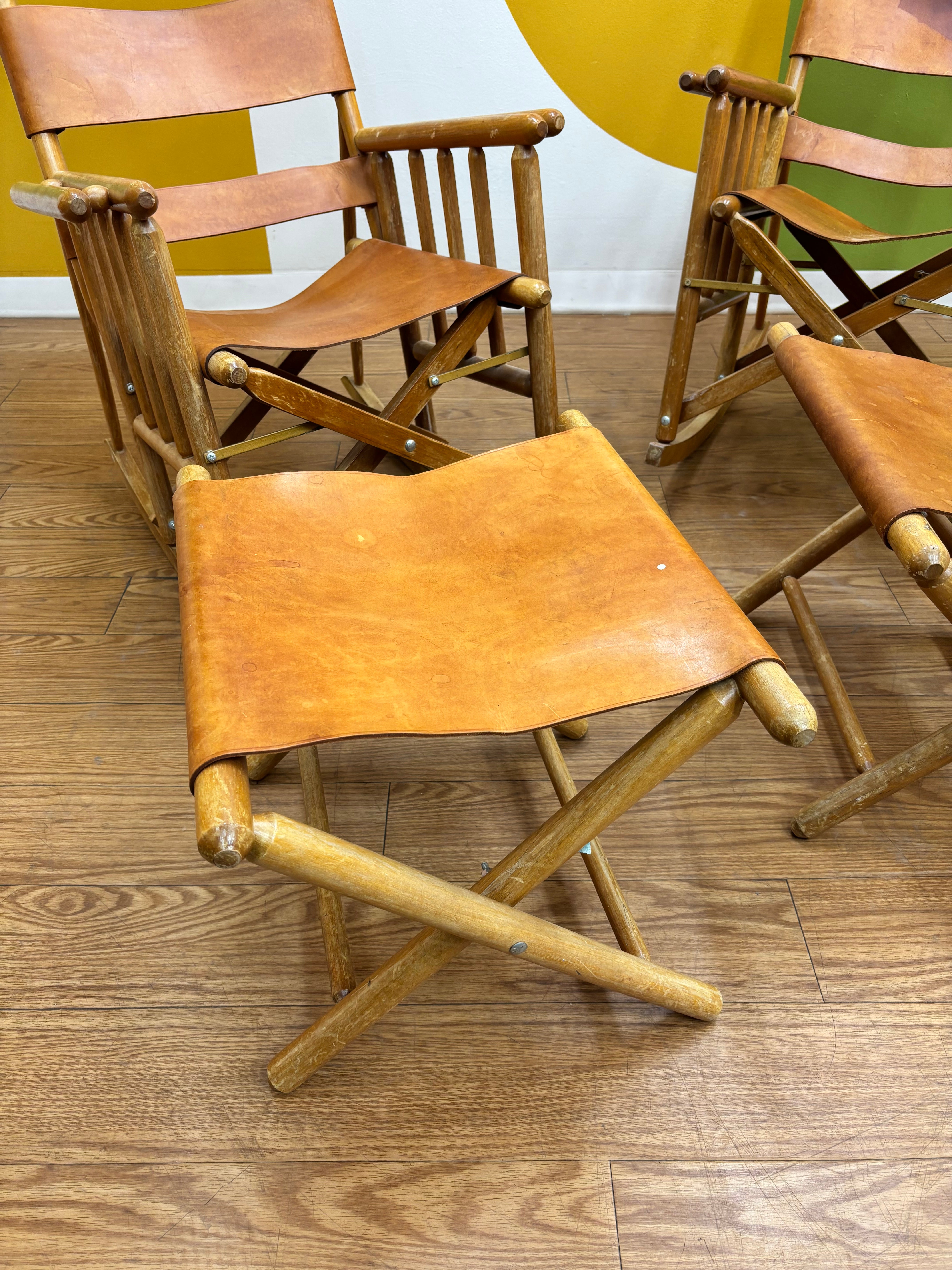 Set of 2 Folding Leather Rocking Chairs with Stools
