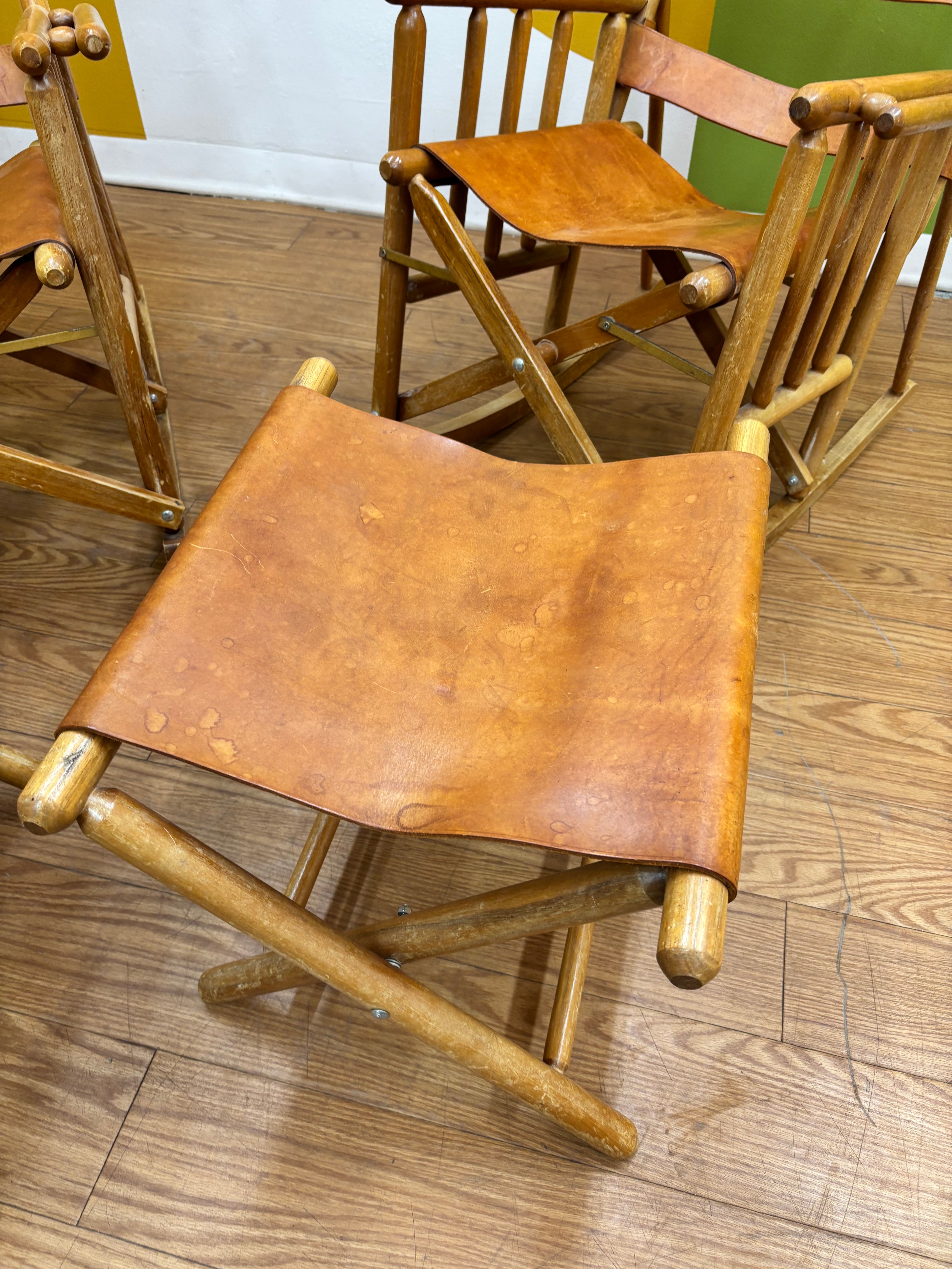 Set of 2 Folding Leather Rocking Chairs with Stools