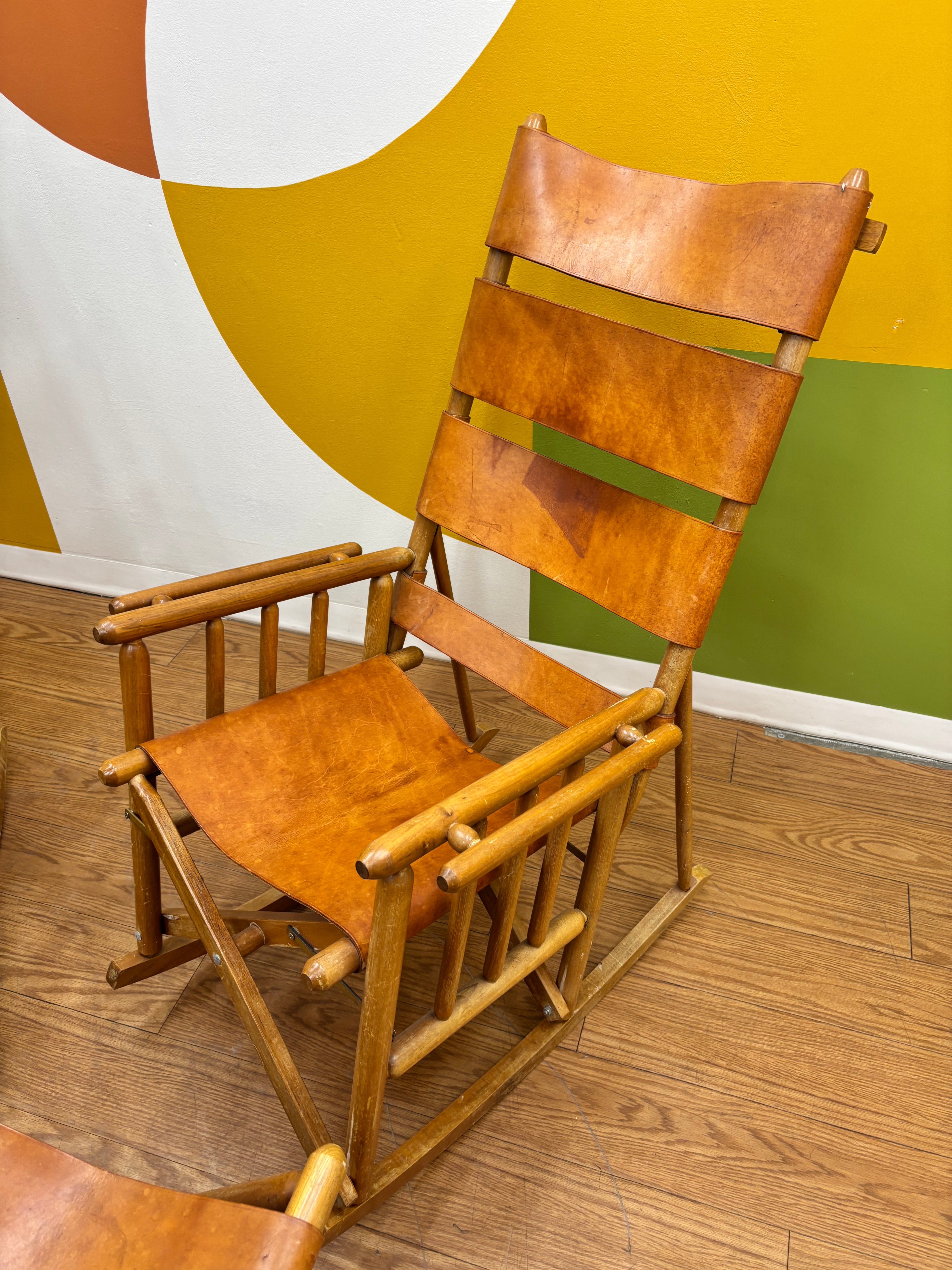 Set of 2 Folding Leather Rocking Chairs with Stools