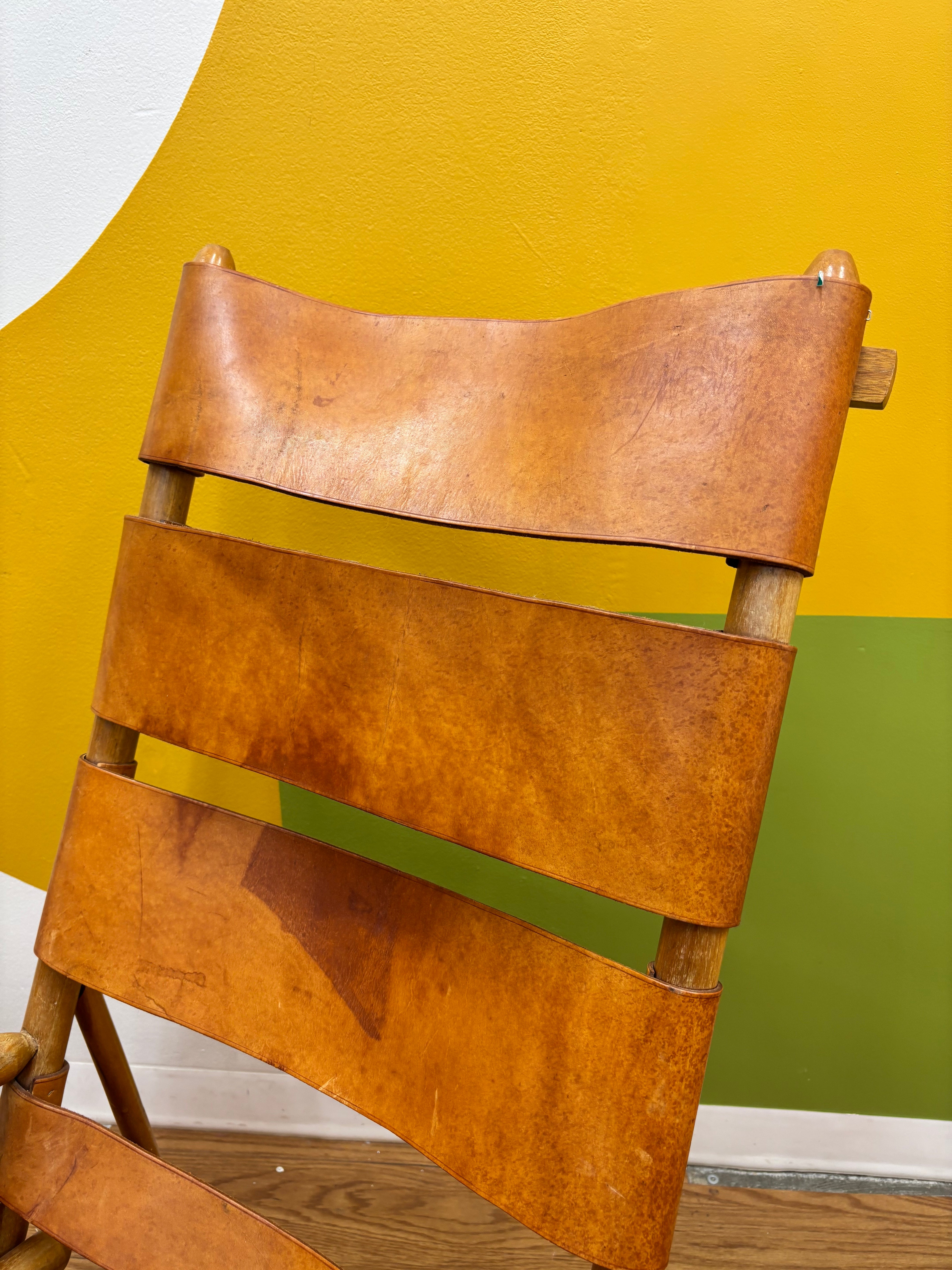Set of 2 Folding Leather Rocking Chairs with Stools