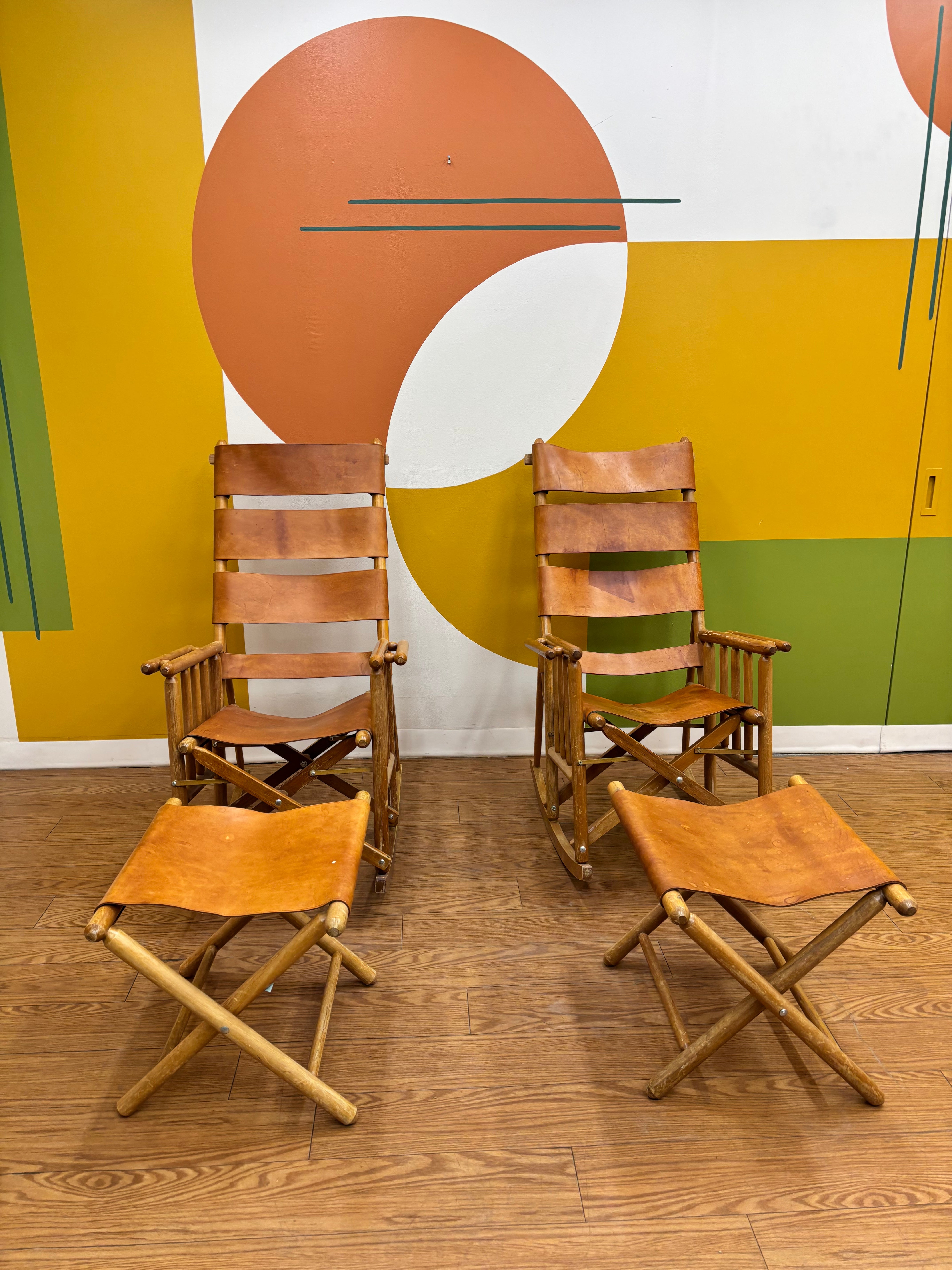 Set of 2 Folding Leather Rocking Chairs with Stools