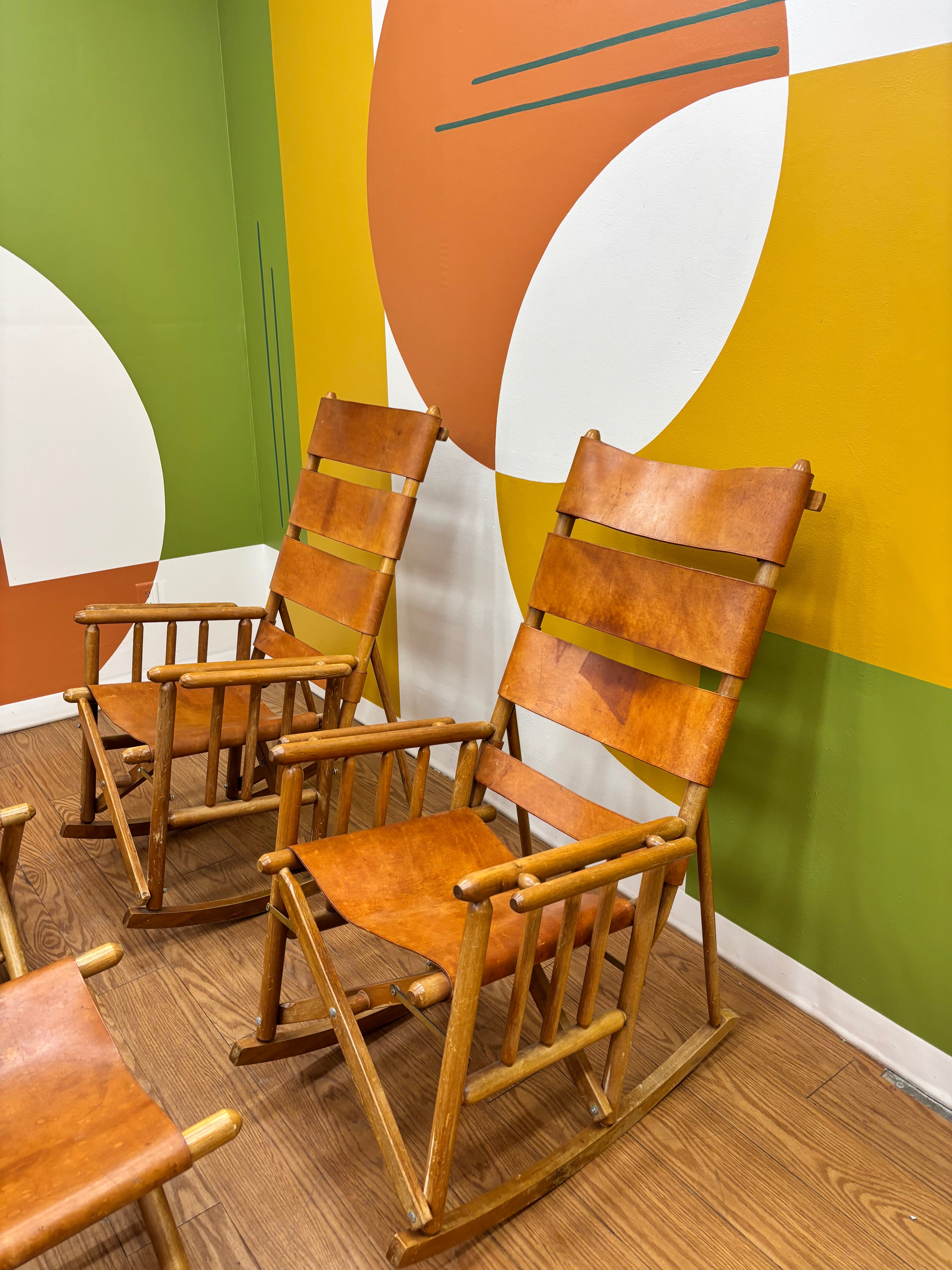 Set of 2 Folding Leather Rocking Chairs with Stools