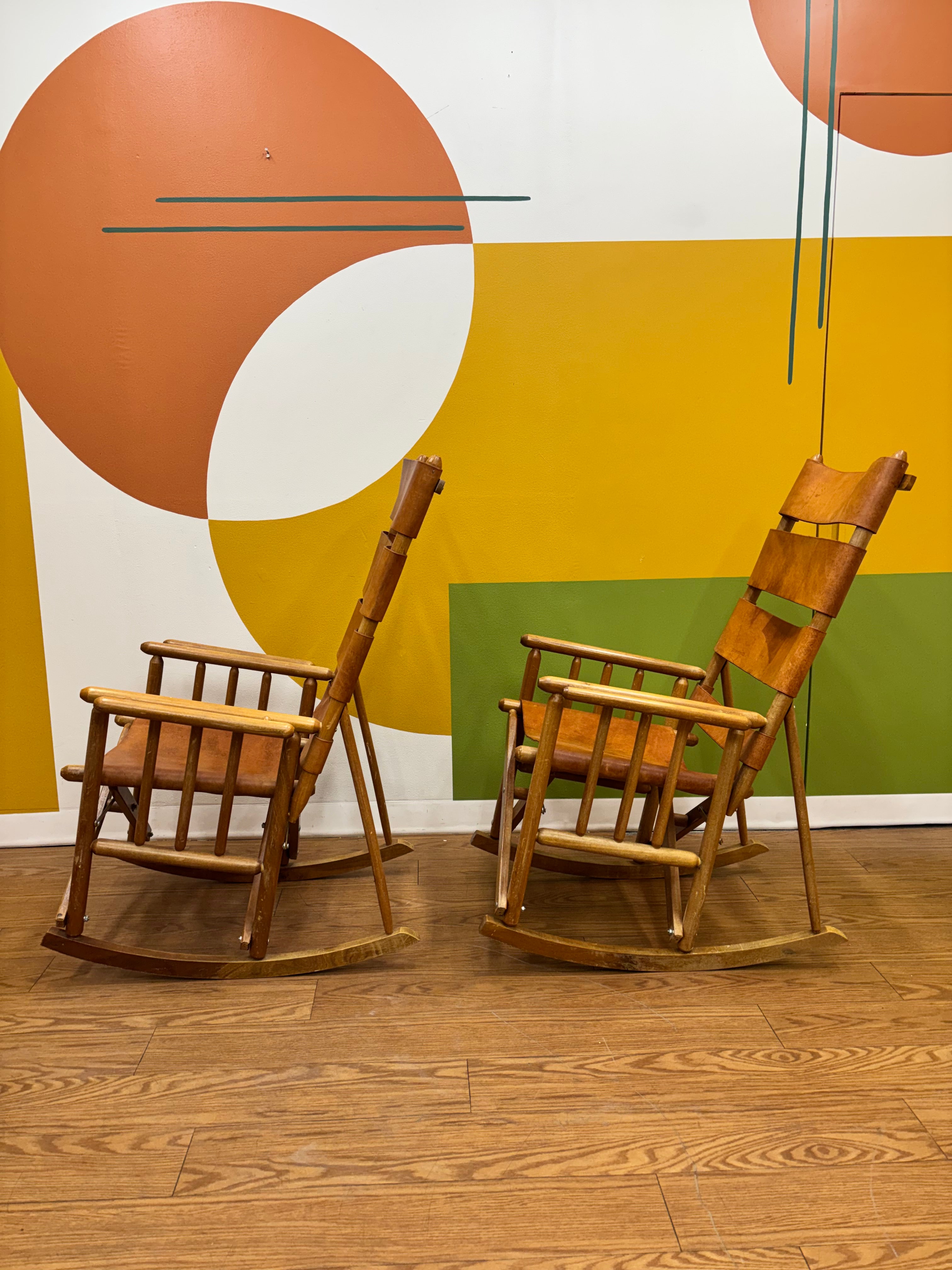 Set of 2 Folding Leather Rocking Chairs with Stools