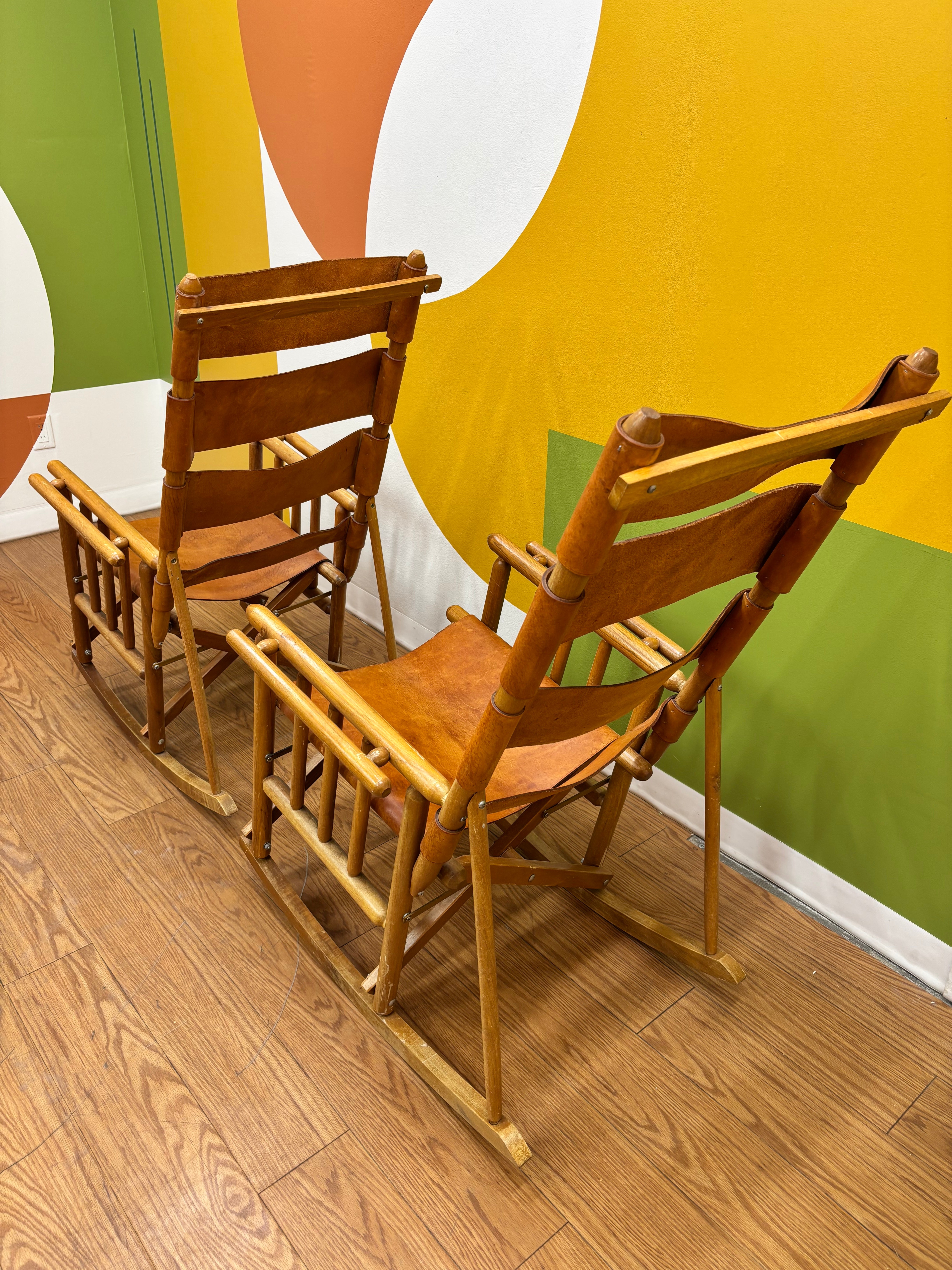 Set of 2 Folding Leather Rocking Chairs with Stools