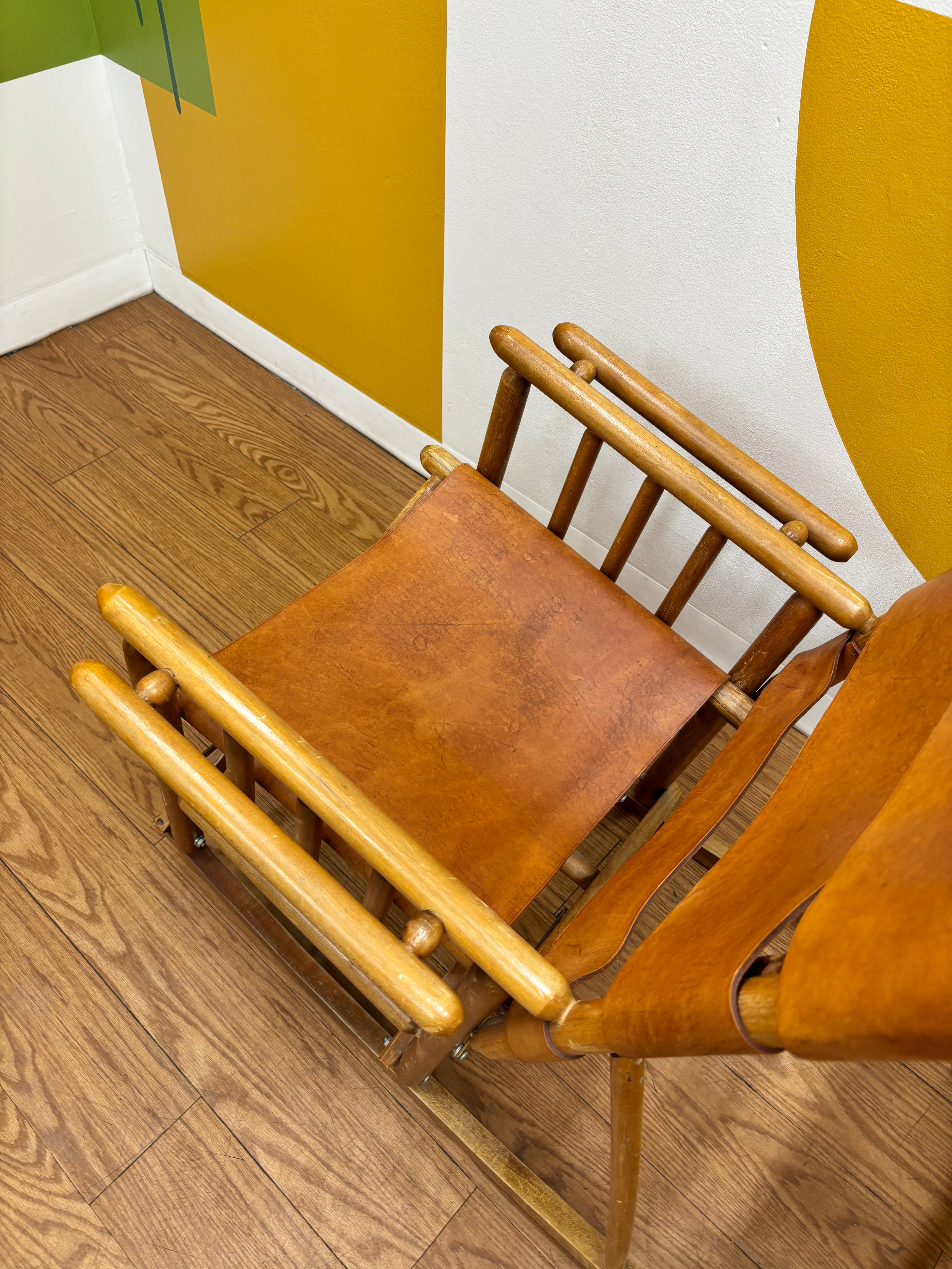 Set of 2 Folding Leather Rocking Chairs with Stools