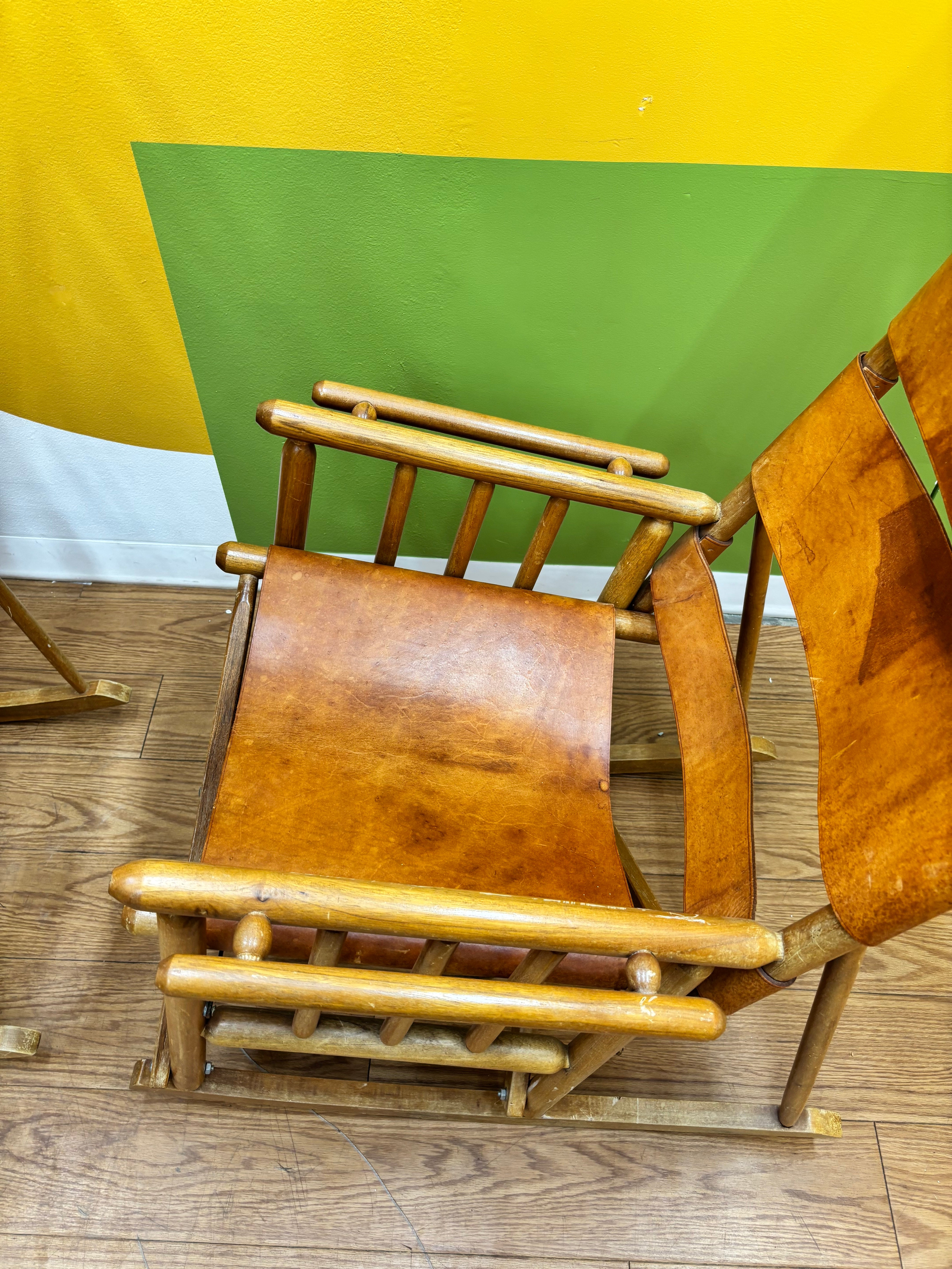 Set of 2 Folding Leather Rocking Chairs with Stools