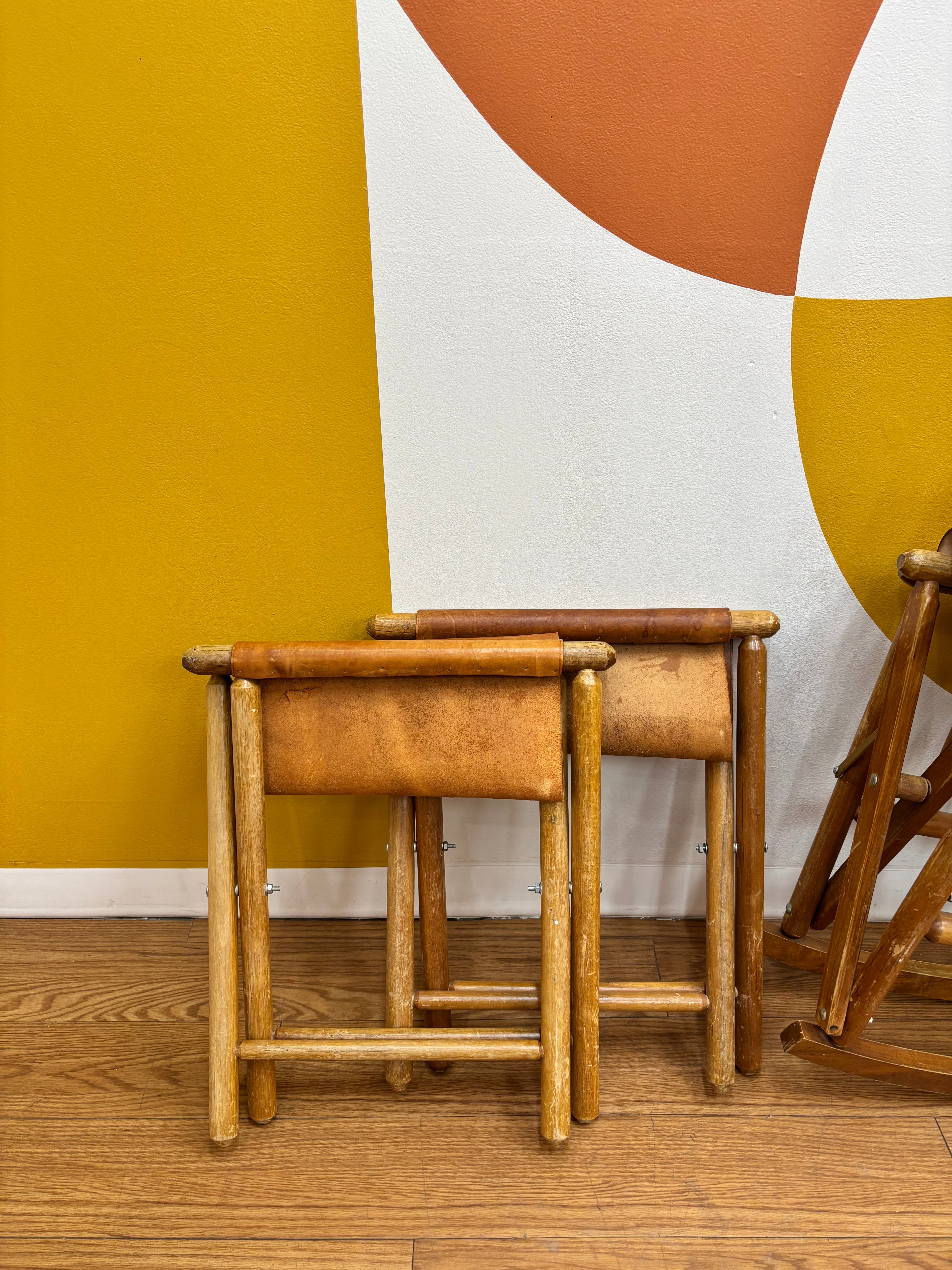Set of 2 Folding Leather Rocking Chairs with Stools