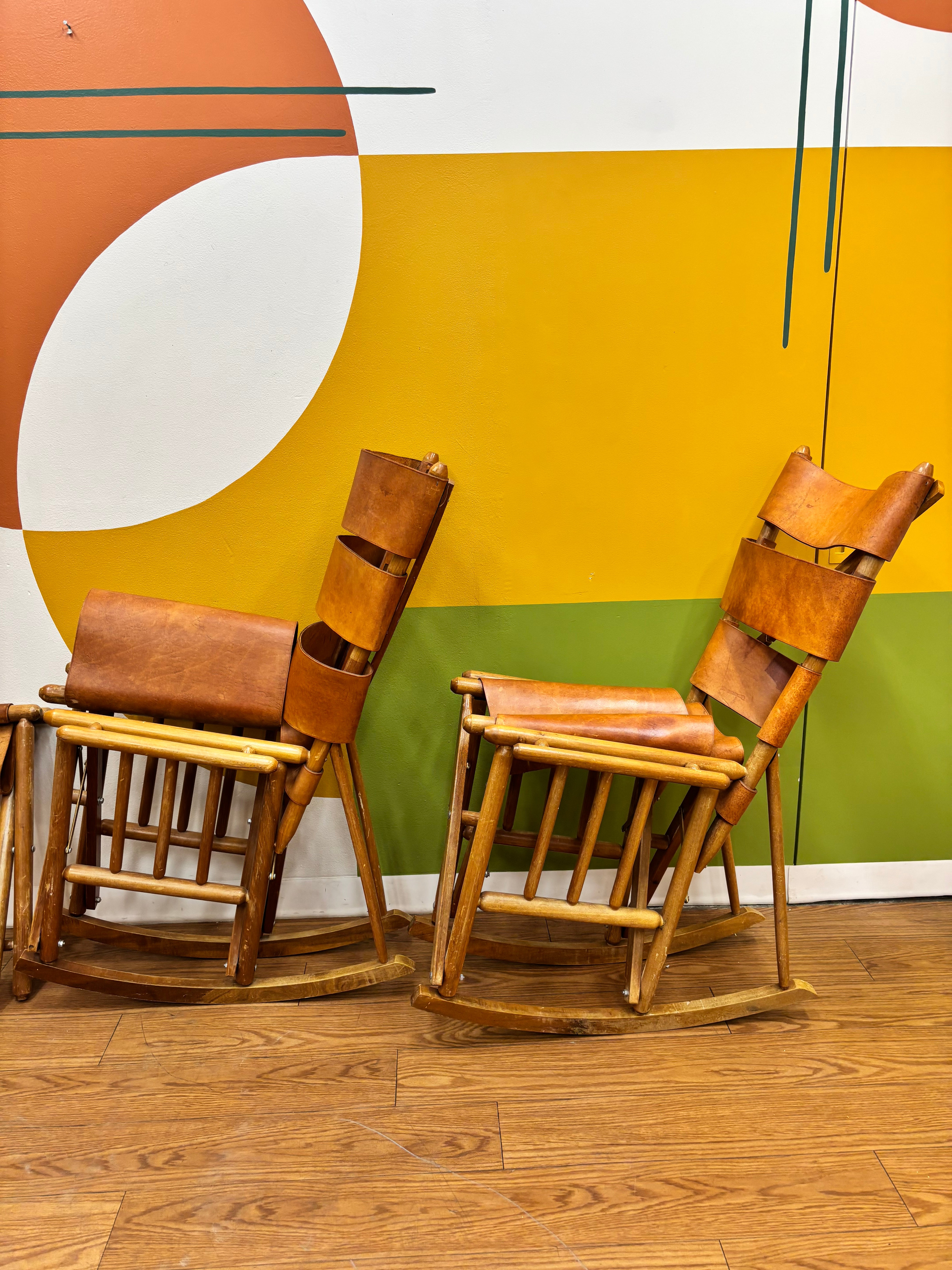 Set of 2 Folding Leather Rocking Chairs with Stools