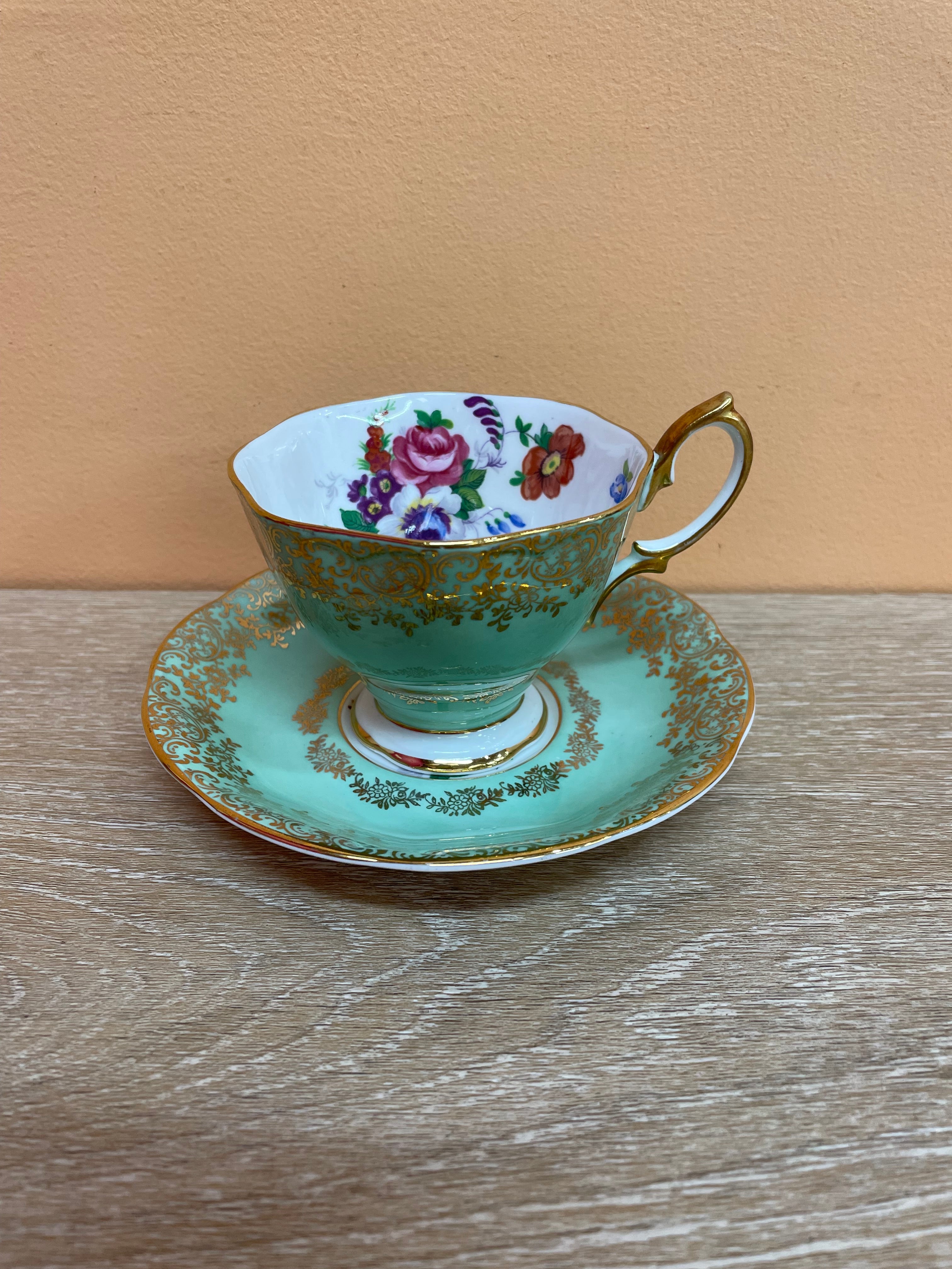 Royal Albert Teacup & Saucer - Teal & Flowers